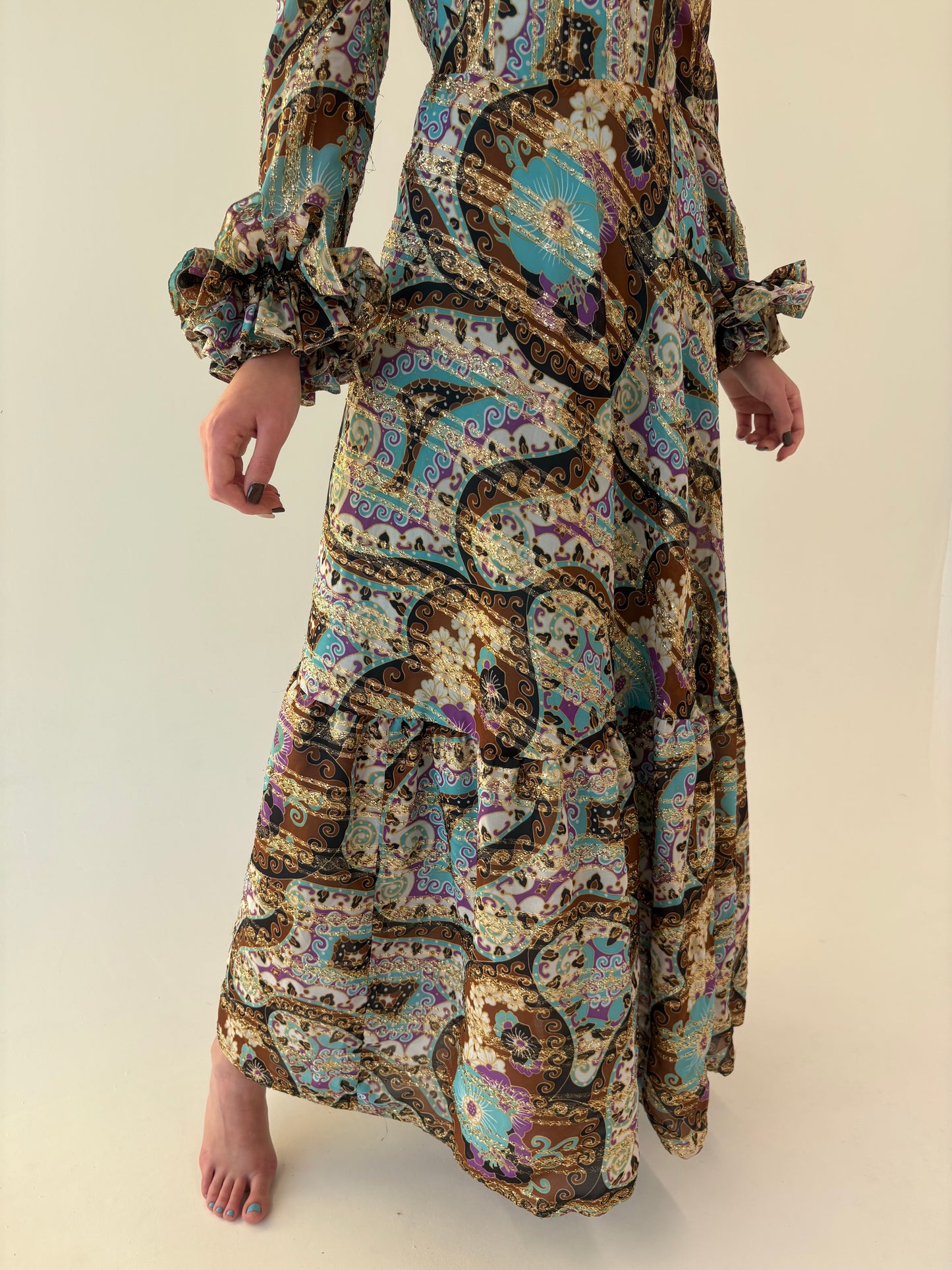 Rochie vintage maxi de seară cu print paisley și inserții fine aurii