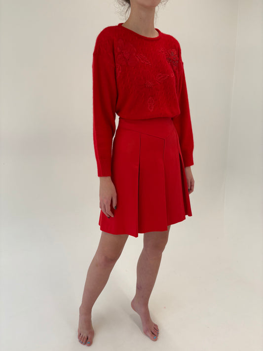 Fustă vintage plisată cherry red din worsted wool