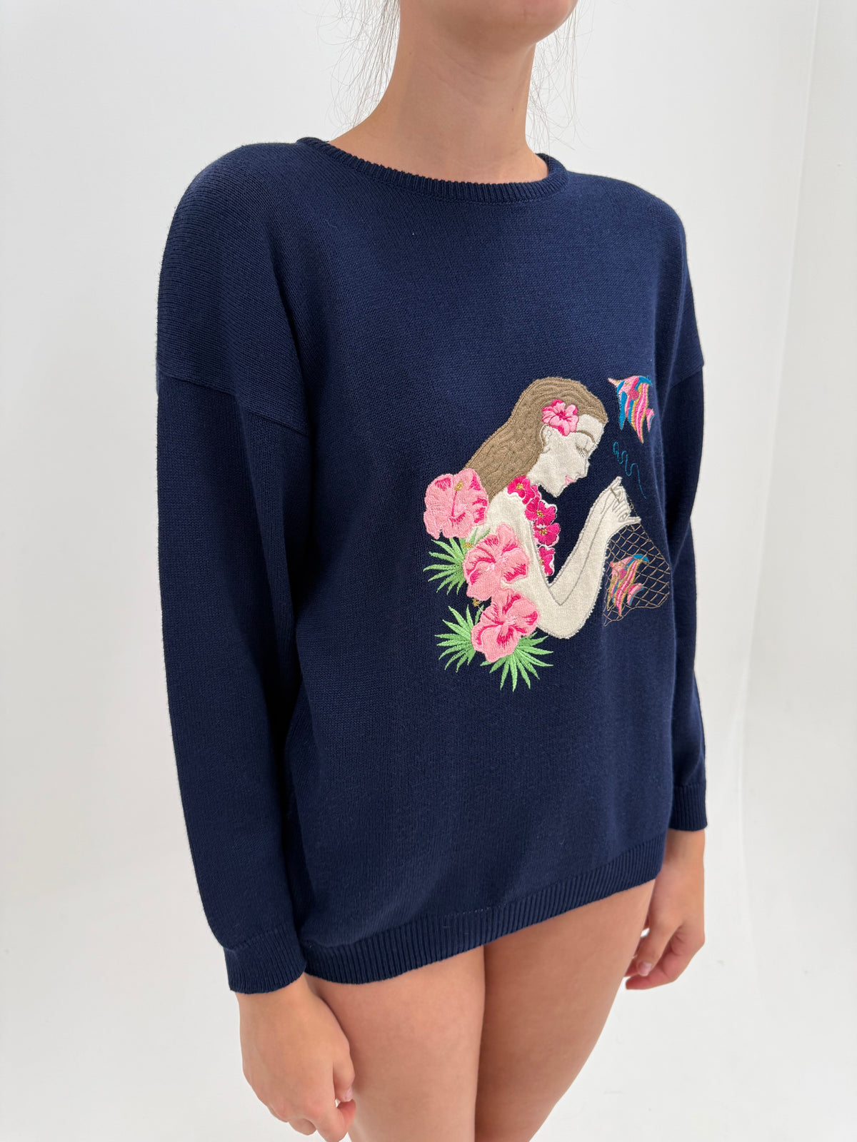 Pulover vintage petite din bumbac greu excepțional cu broderie
