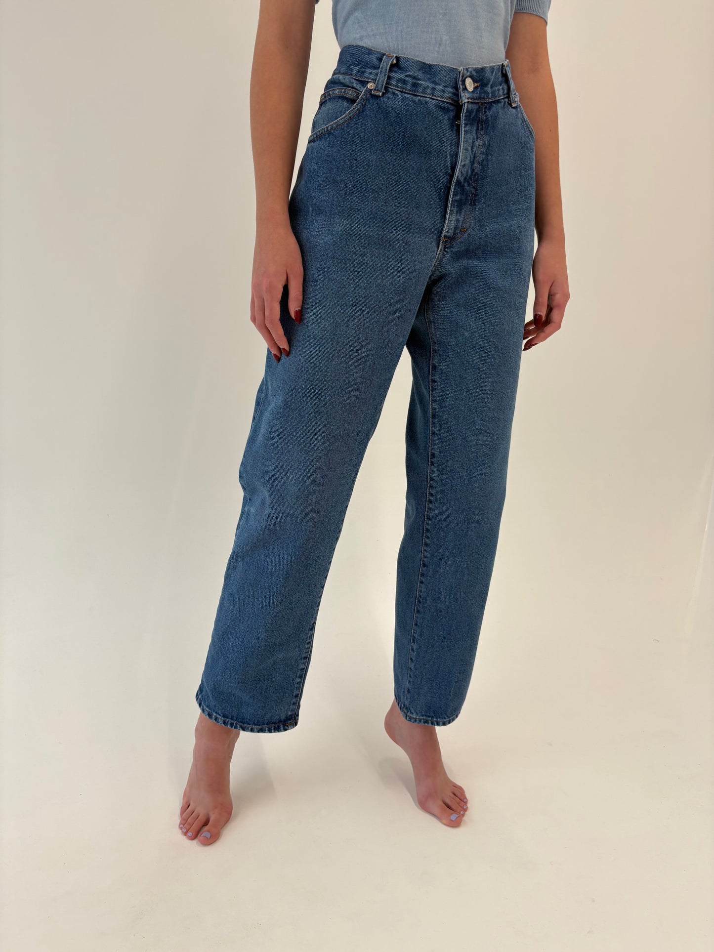 Jeans vintage tall din bumbac gros classic wash cu talie mai generoasă