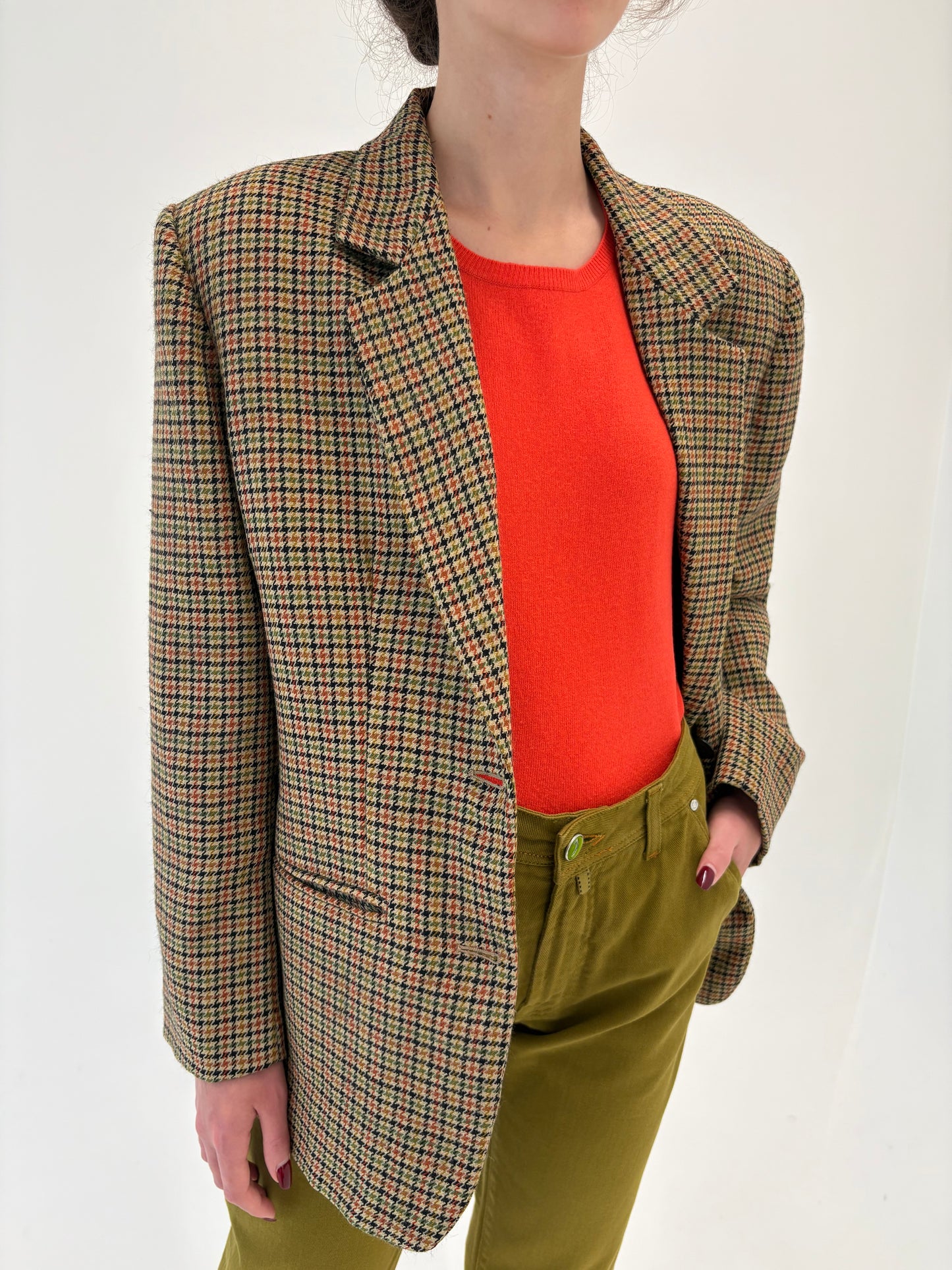Sacou camel din tweed pied du coq excepțional de lana pura certificată extrafina