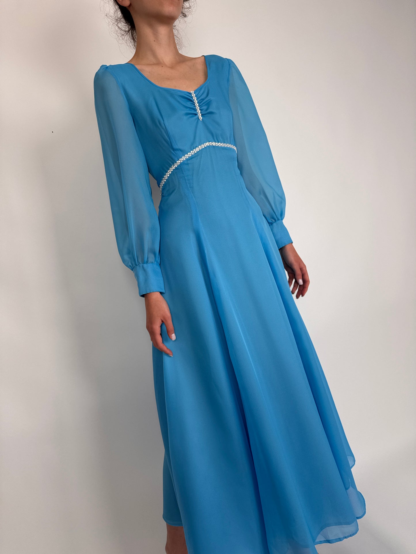 Rochie vintage albastru ciel cu talie ultra înaltă Empire