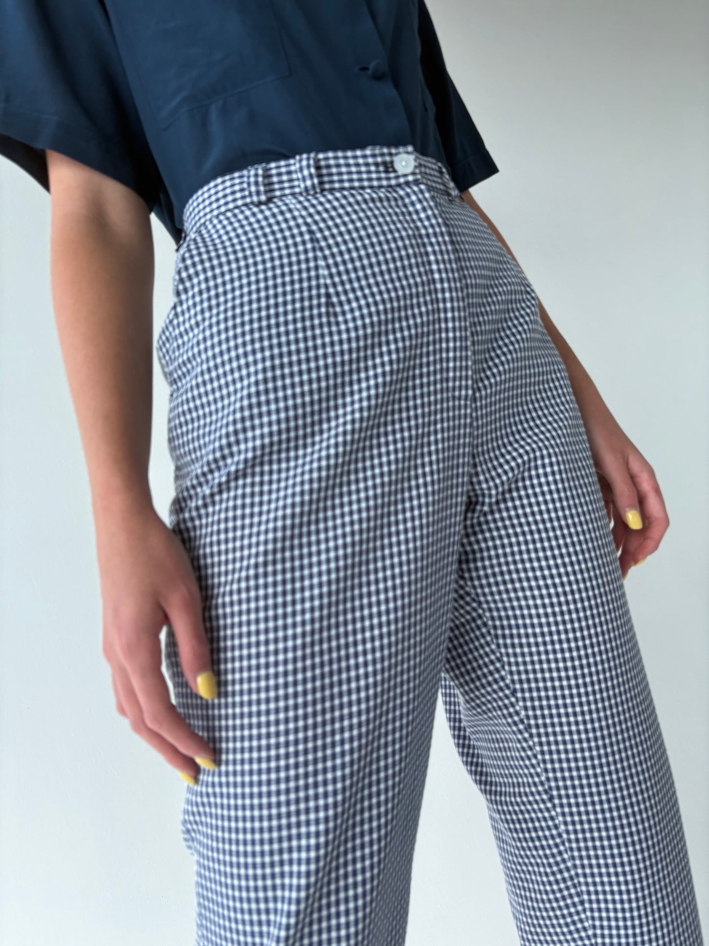 Pantaloni gingham confort din seersucker cu talie ultra înaltă elastică