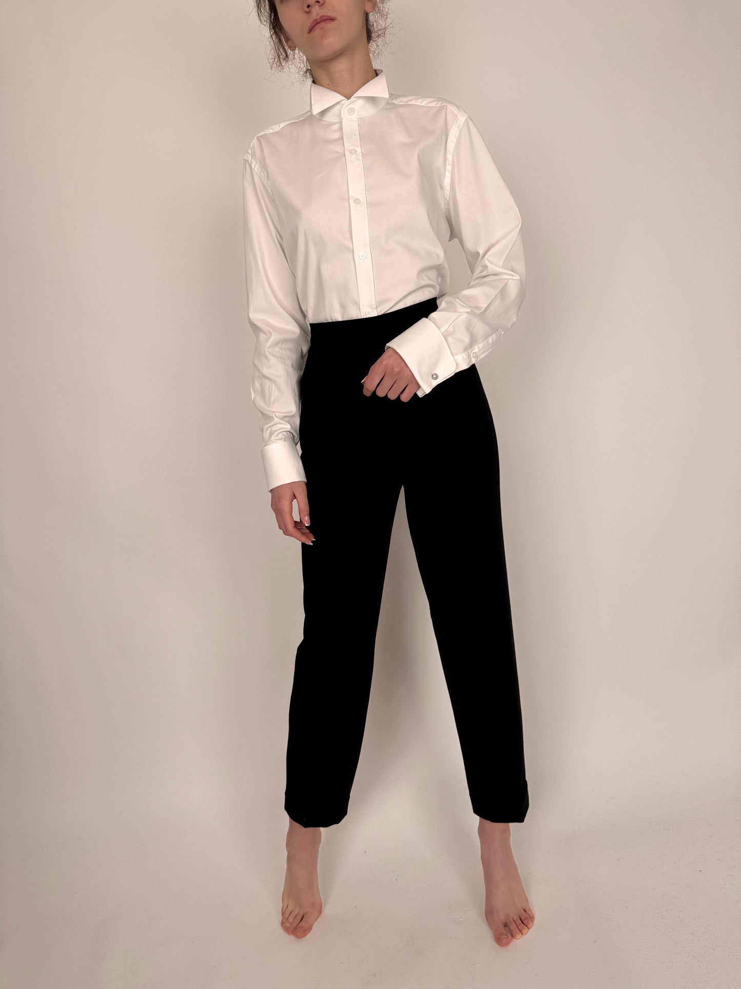 Pantaloni negri tall din stofita strech de primăvară cu talie ultra înaltă