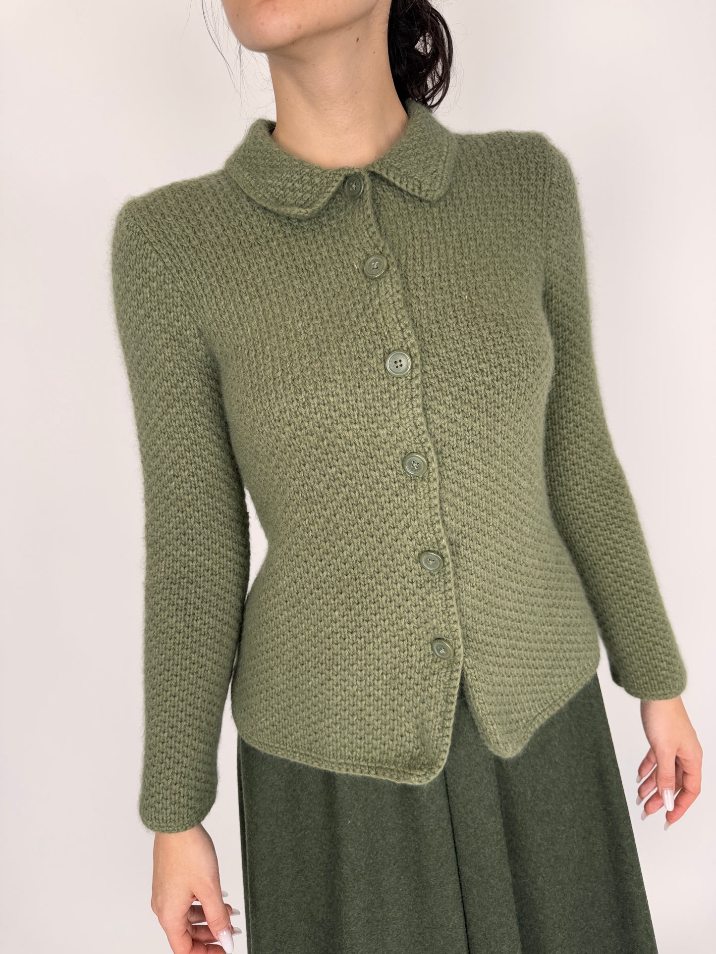 Cardigan vintage kaki texturat cu guler din lana extrafina și Angora