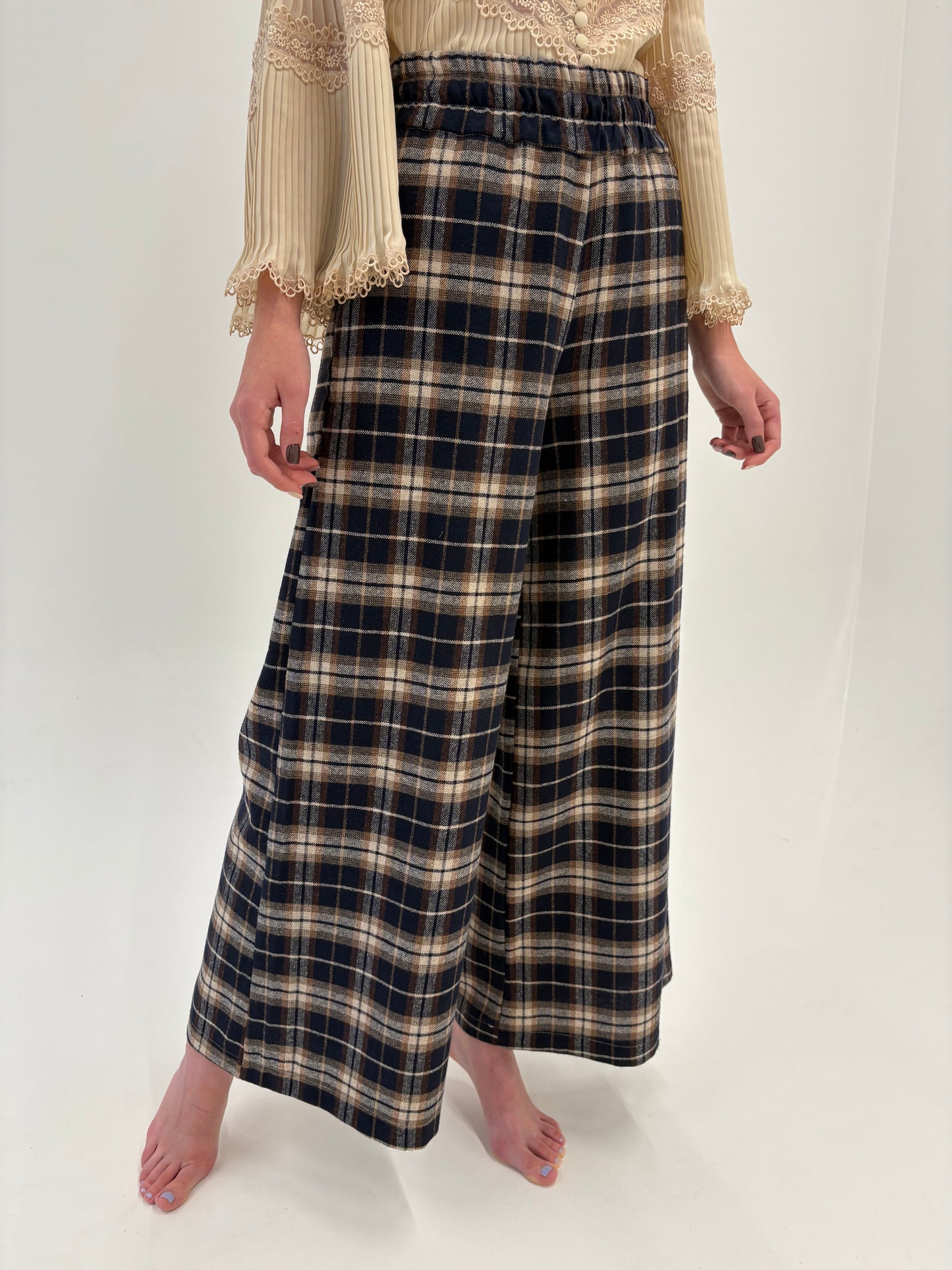 Pantaloni palazzo din Tartan de lana extrafina cu talie ultra înaltă elastică