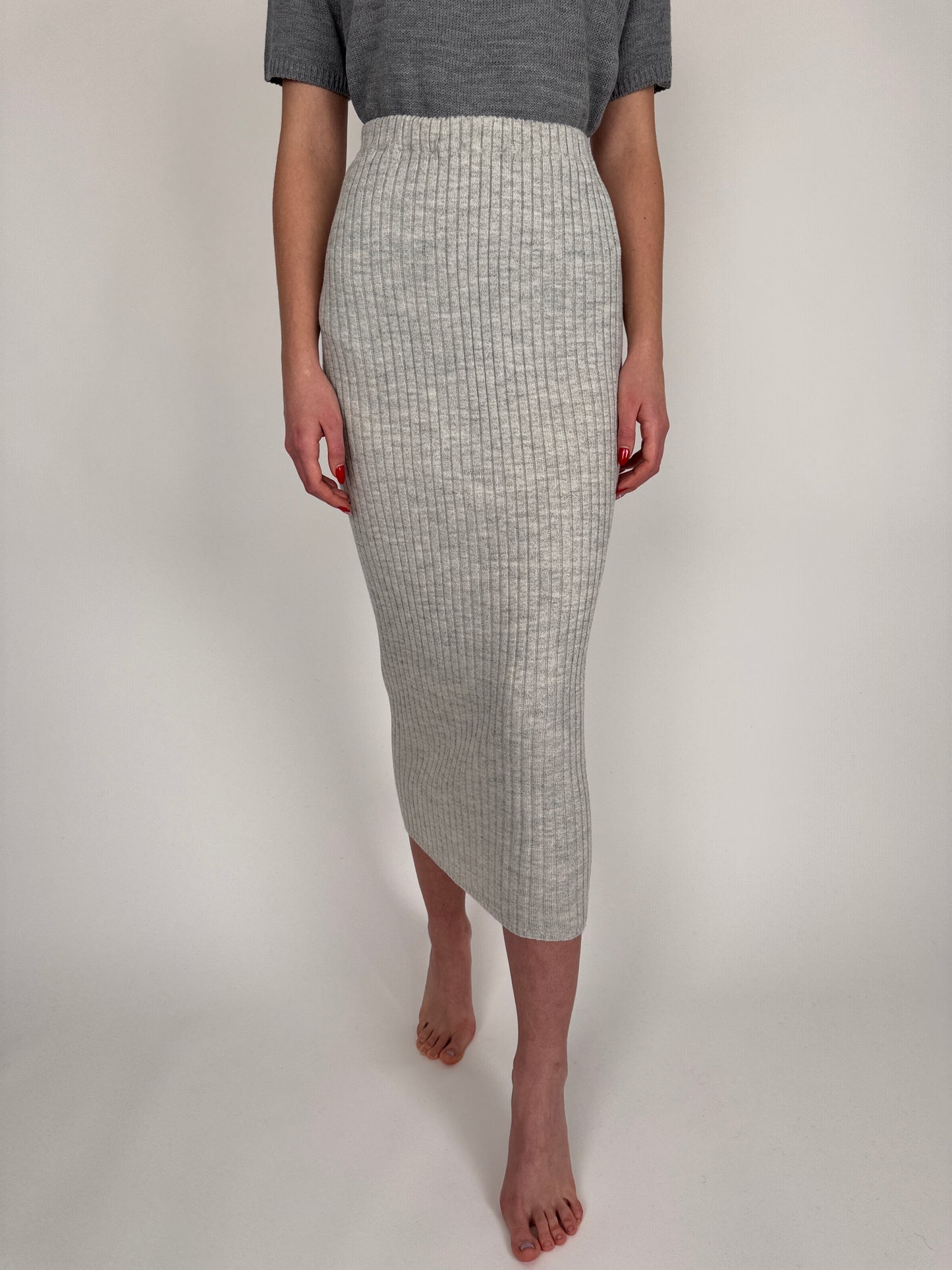 Fustă maxi din tricot plin ribbed de lana extrafina plină cloud gray