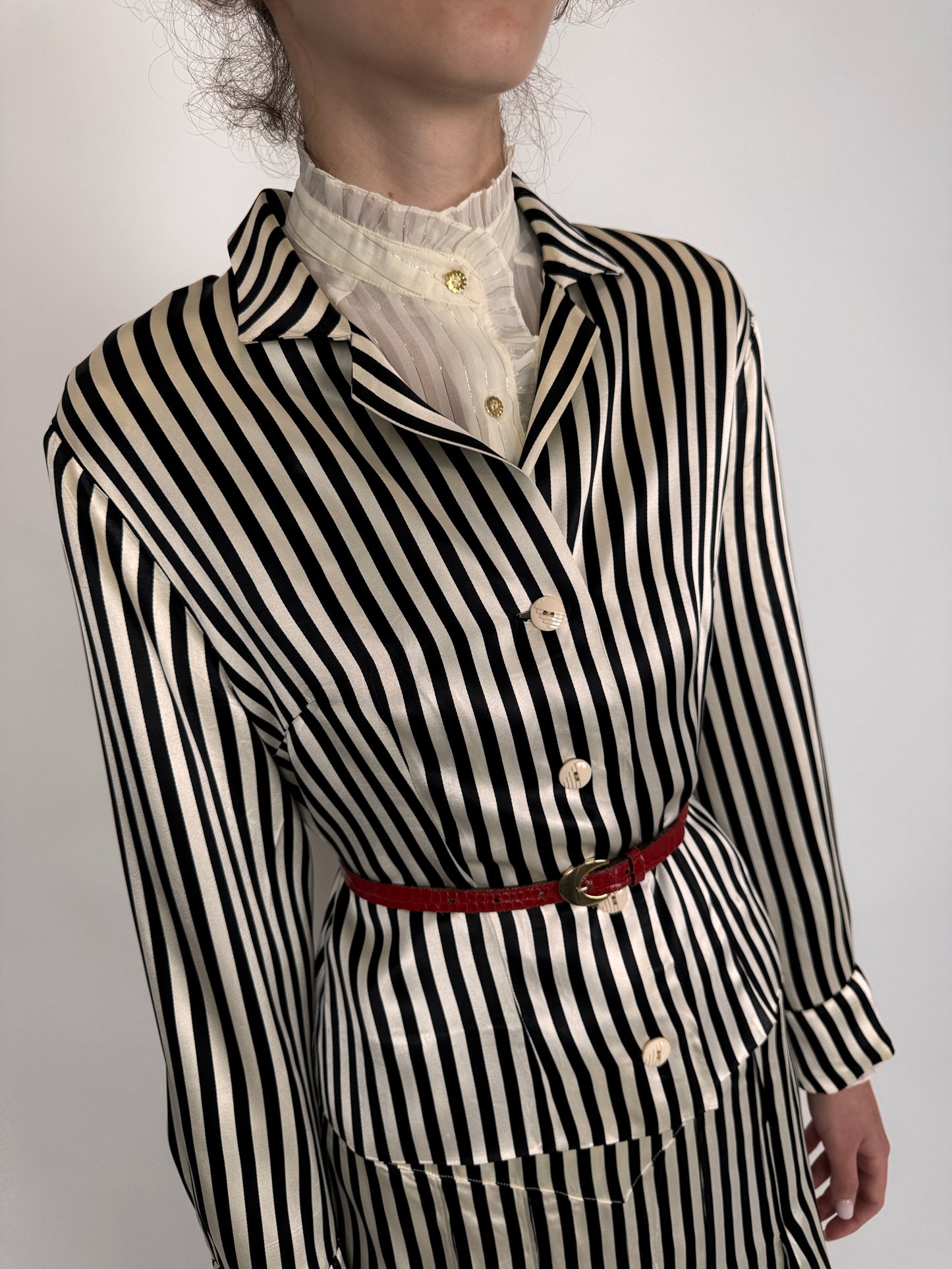 Set vintage satinat în dungi ivoire cu negru
