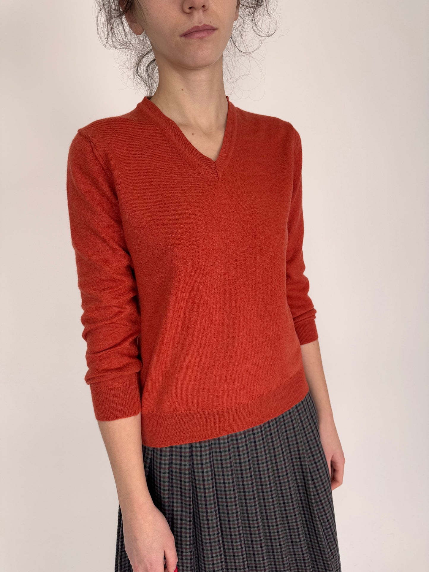Pulover italian petite de gramaj mare burnt orange din lana merino extrafina
