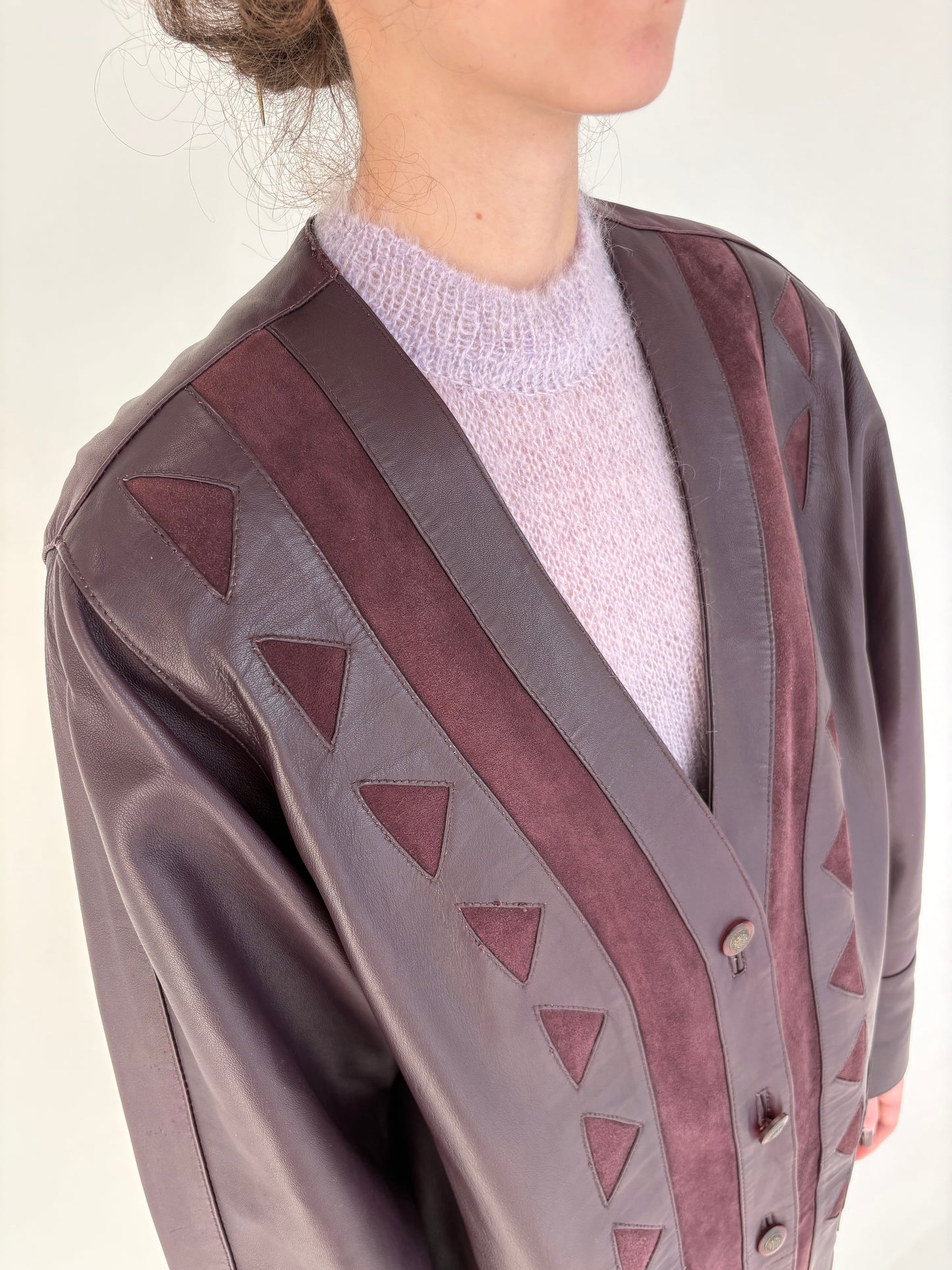 Geacă aubergine din piele naturală moale patchwork