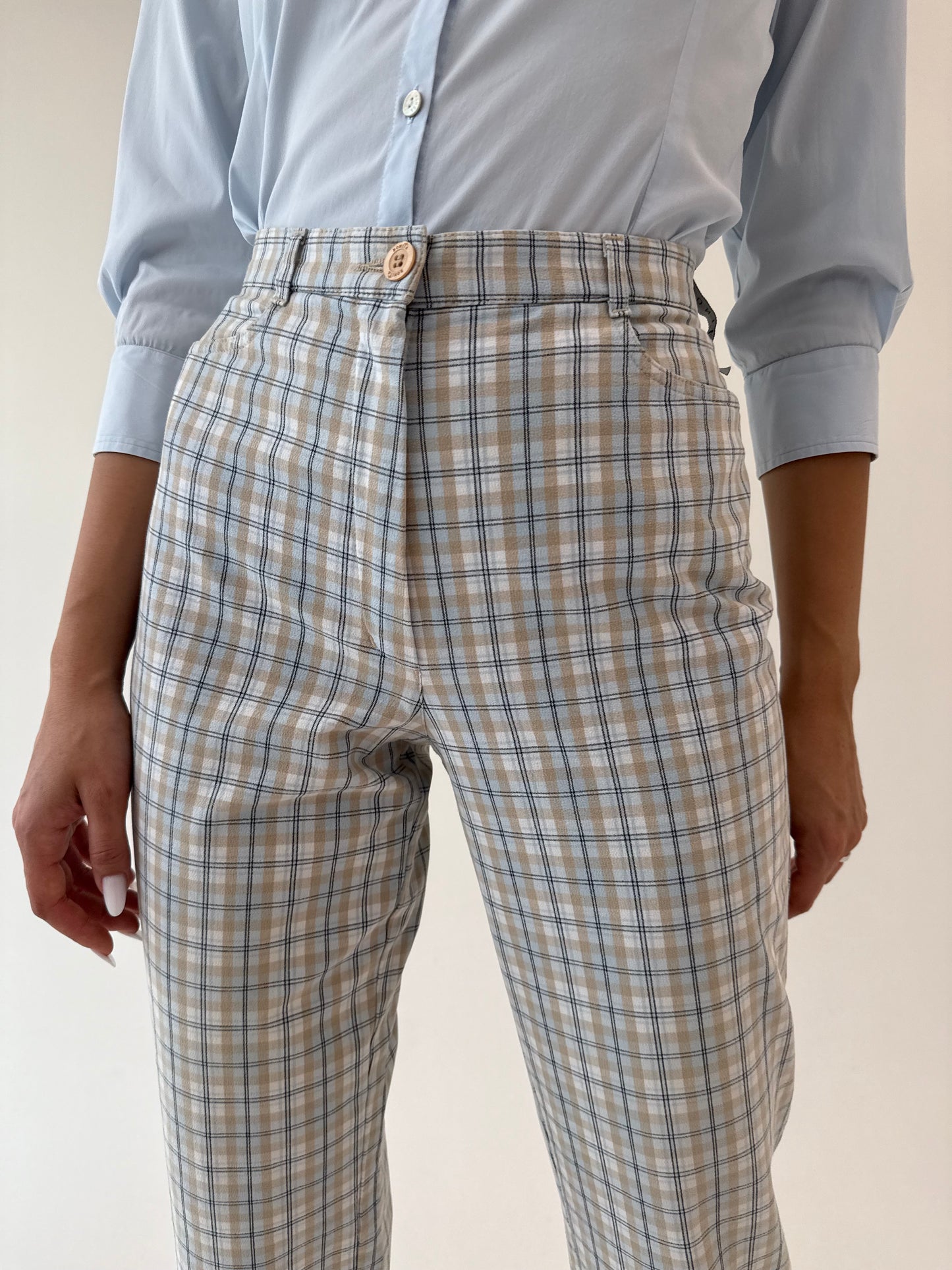 Jeans vintage petite în carouri baby blue ultra confort modelatori