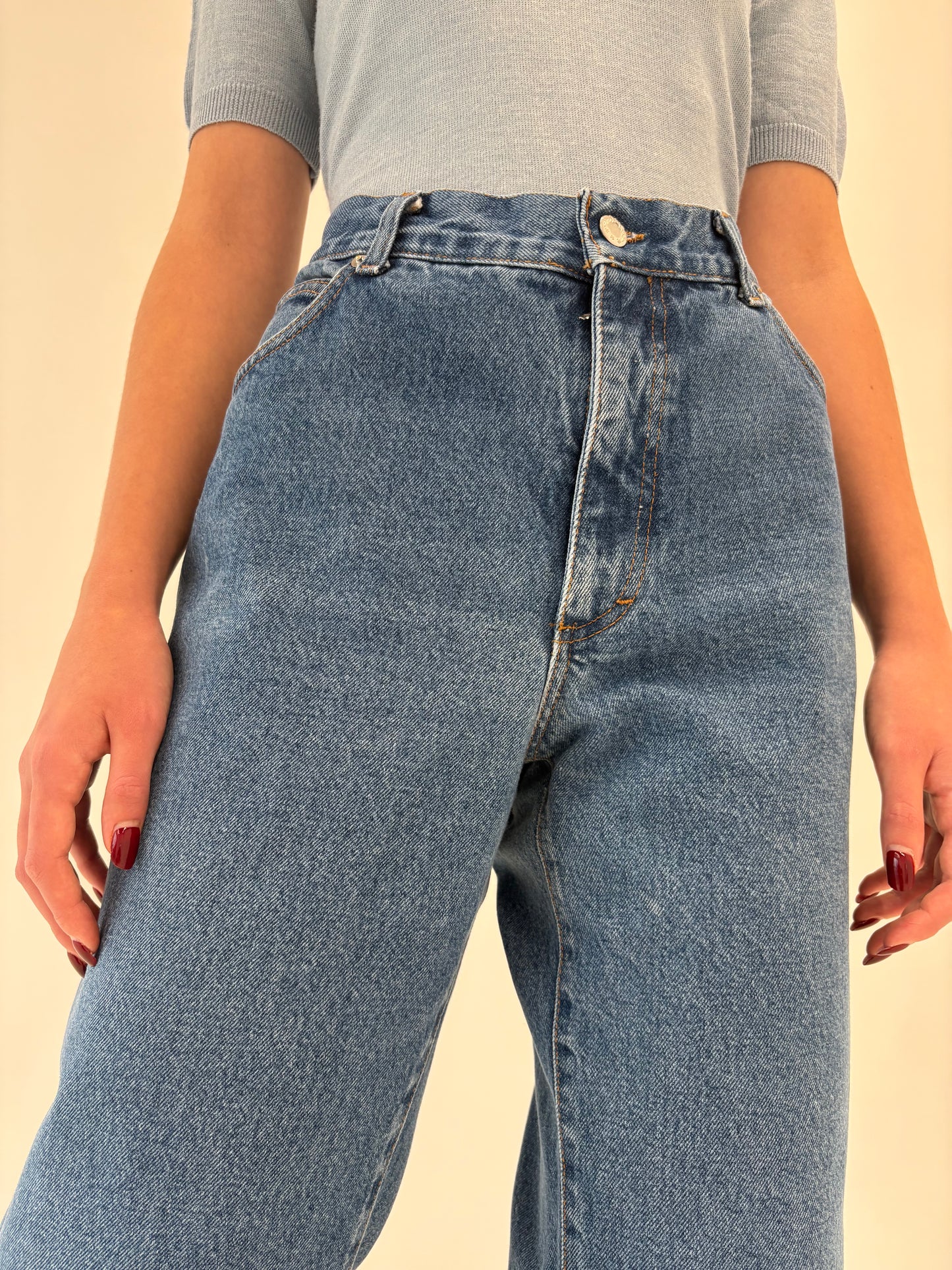 Jeans vintage tall din bumbac gros classic wash cu talie mai generoasă