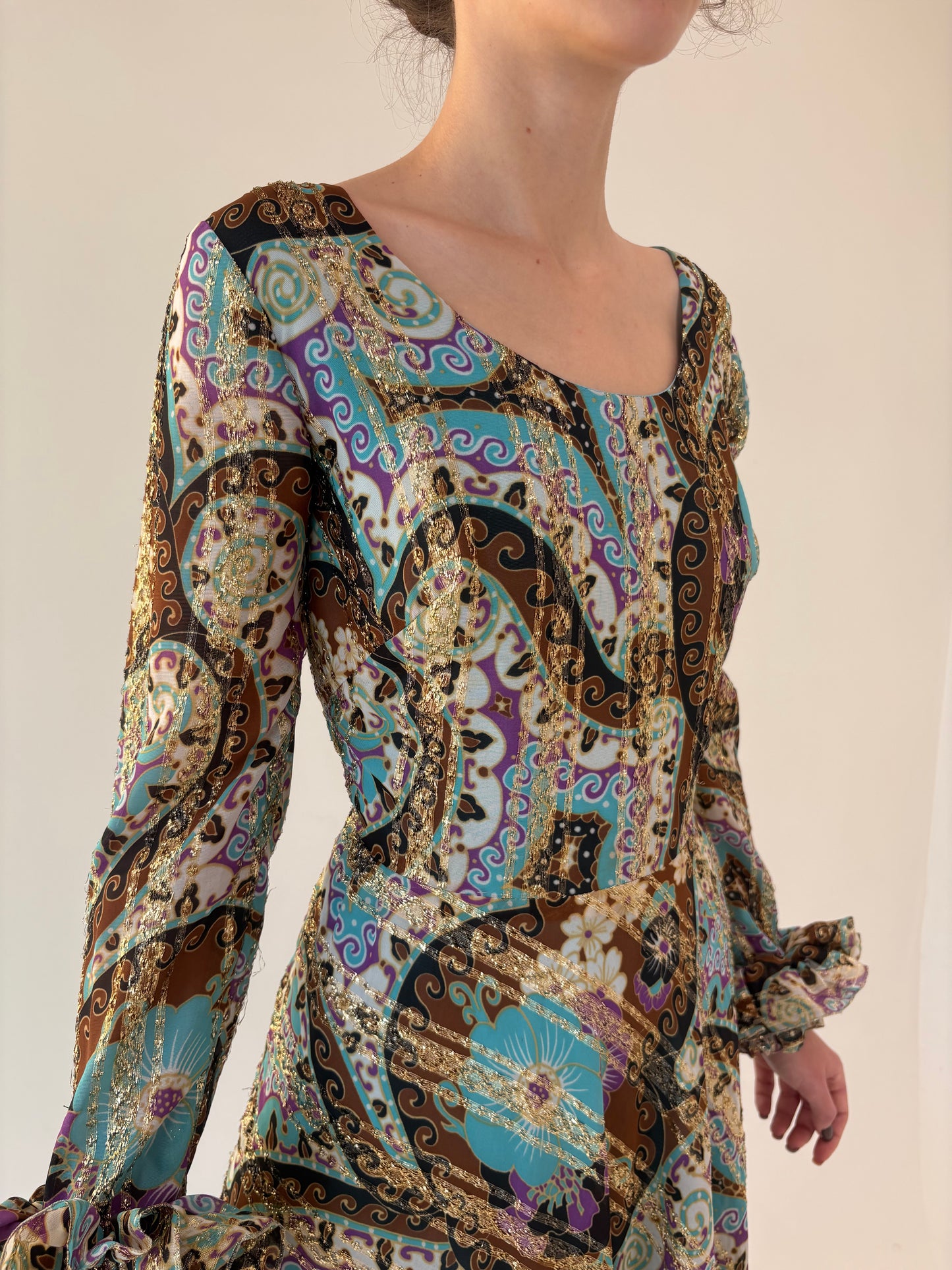Rochie vintage maxi de seară cu print paisley și inserții fine aurii