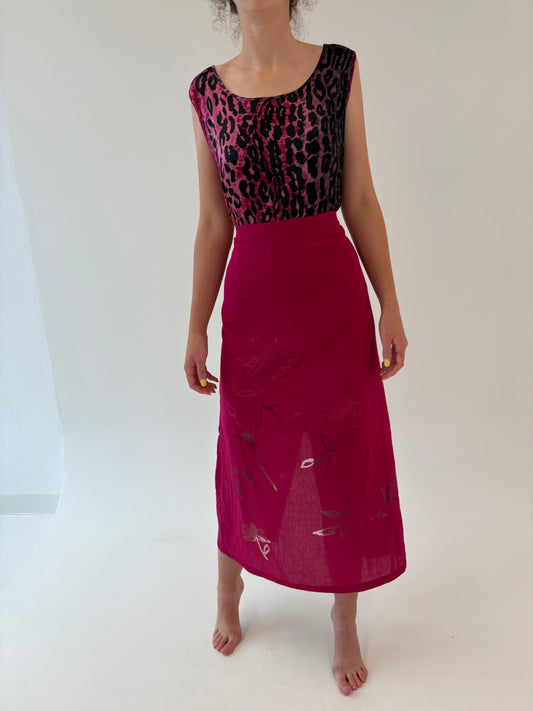 Fustă maxi ciclam cu print inserat transparent din panzica