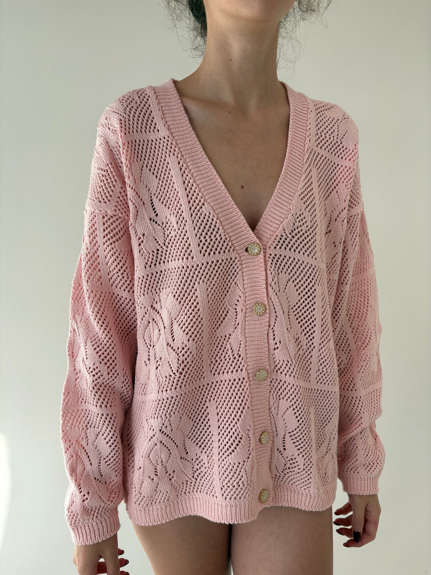 Cardigan vintage din macrame gros de bumbac powder pink
