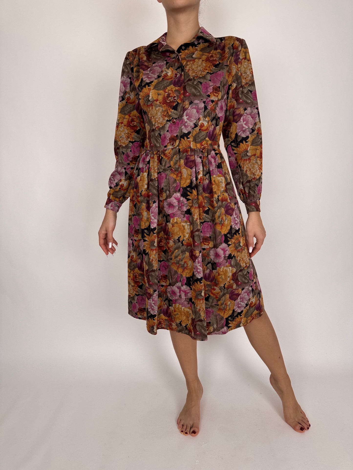 Rochie excepțională cu talie marcată din cea mai fină lana cu print floral