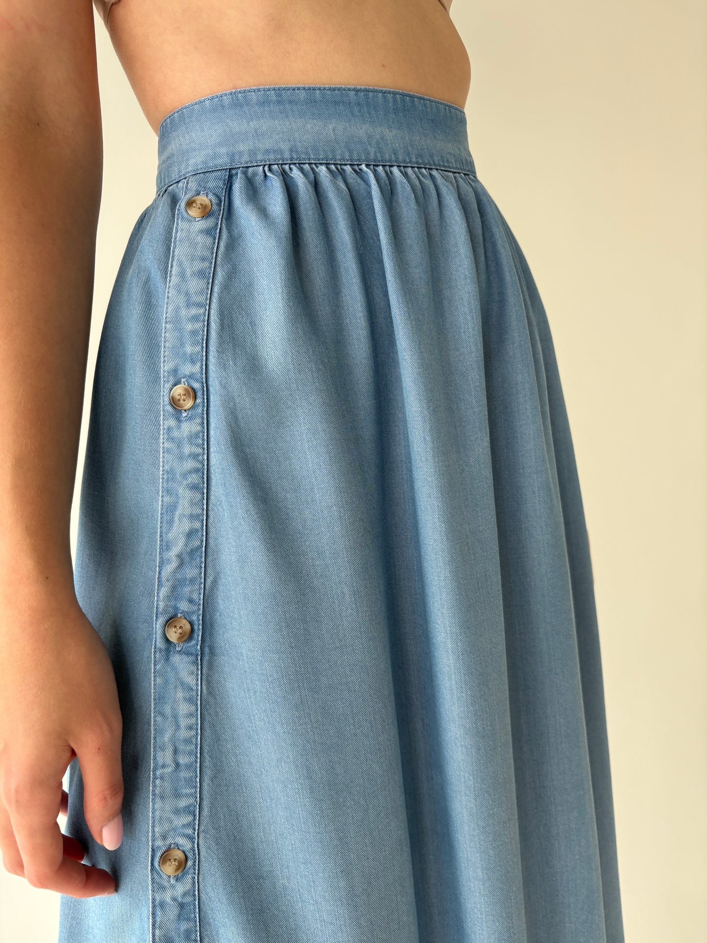 Fustă din jeans super subțire de vară light wash cu talie ultra înaltă