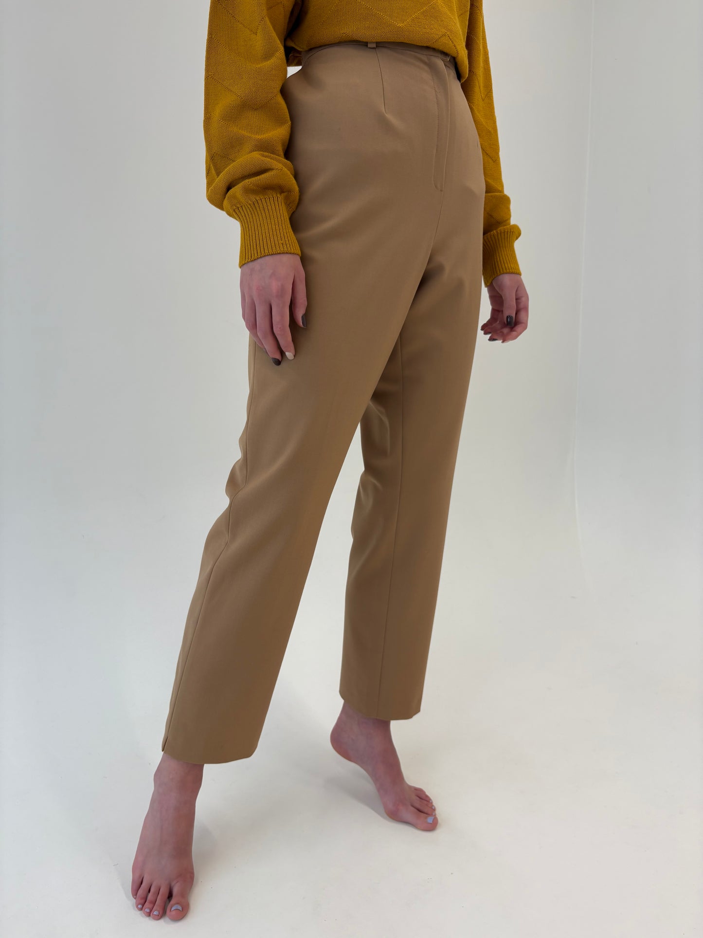 Pantaloni tall camel din lana extrafina cu talie ultra înaltă elastică
