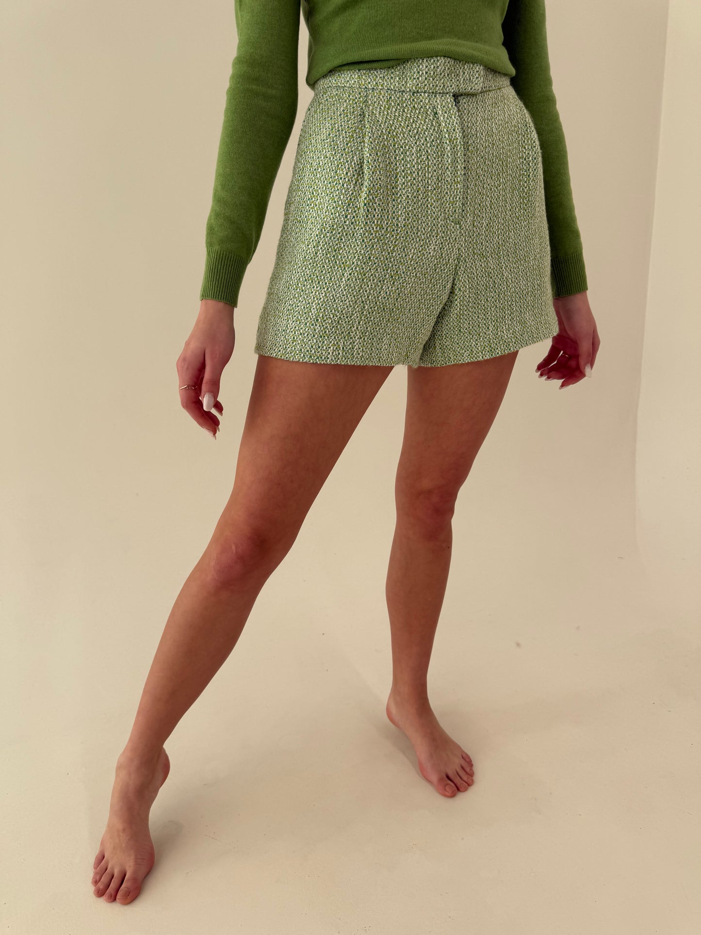 Pantaloni cu talie ultra înaltă din tweed de bumbac în culori pudrate