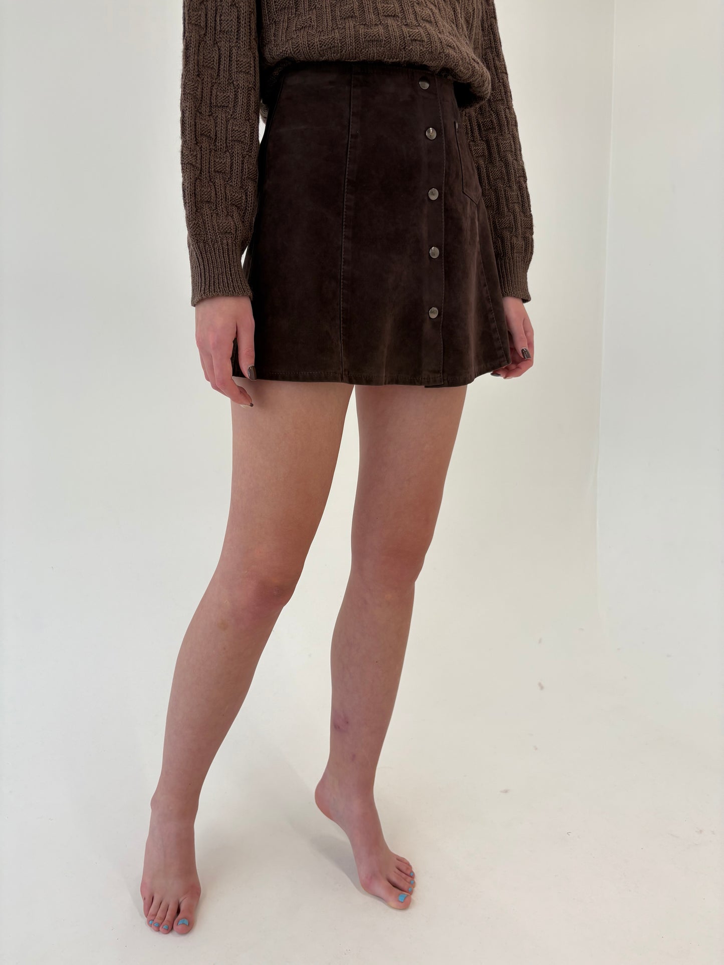 Fustă chocolate brown A-line cu aspect de piele întoarsă