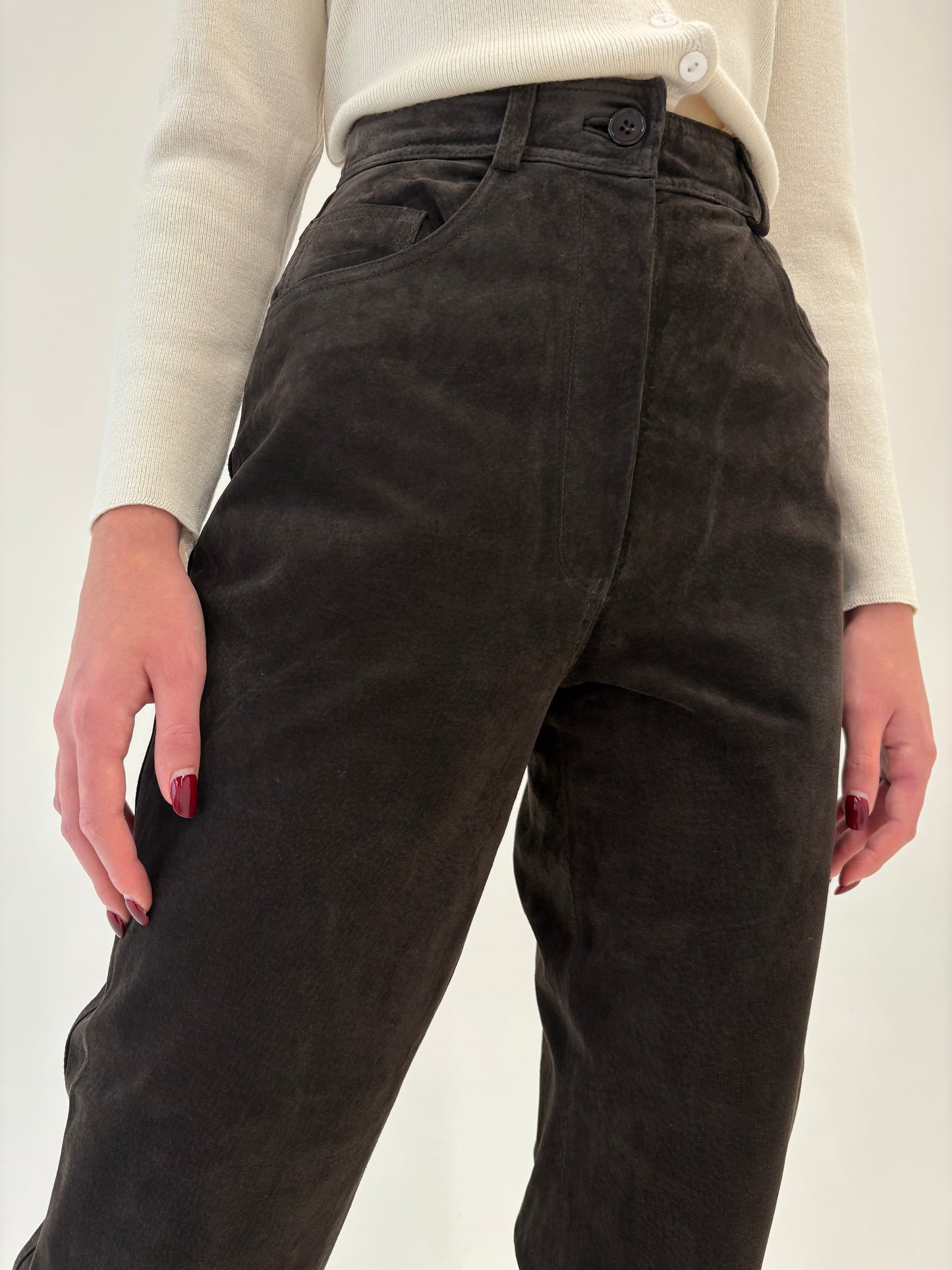 Pantaloni tall din piele naturală dark chocolate brown
