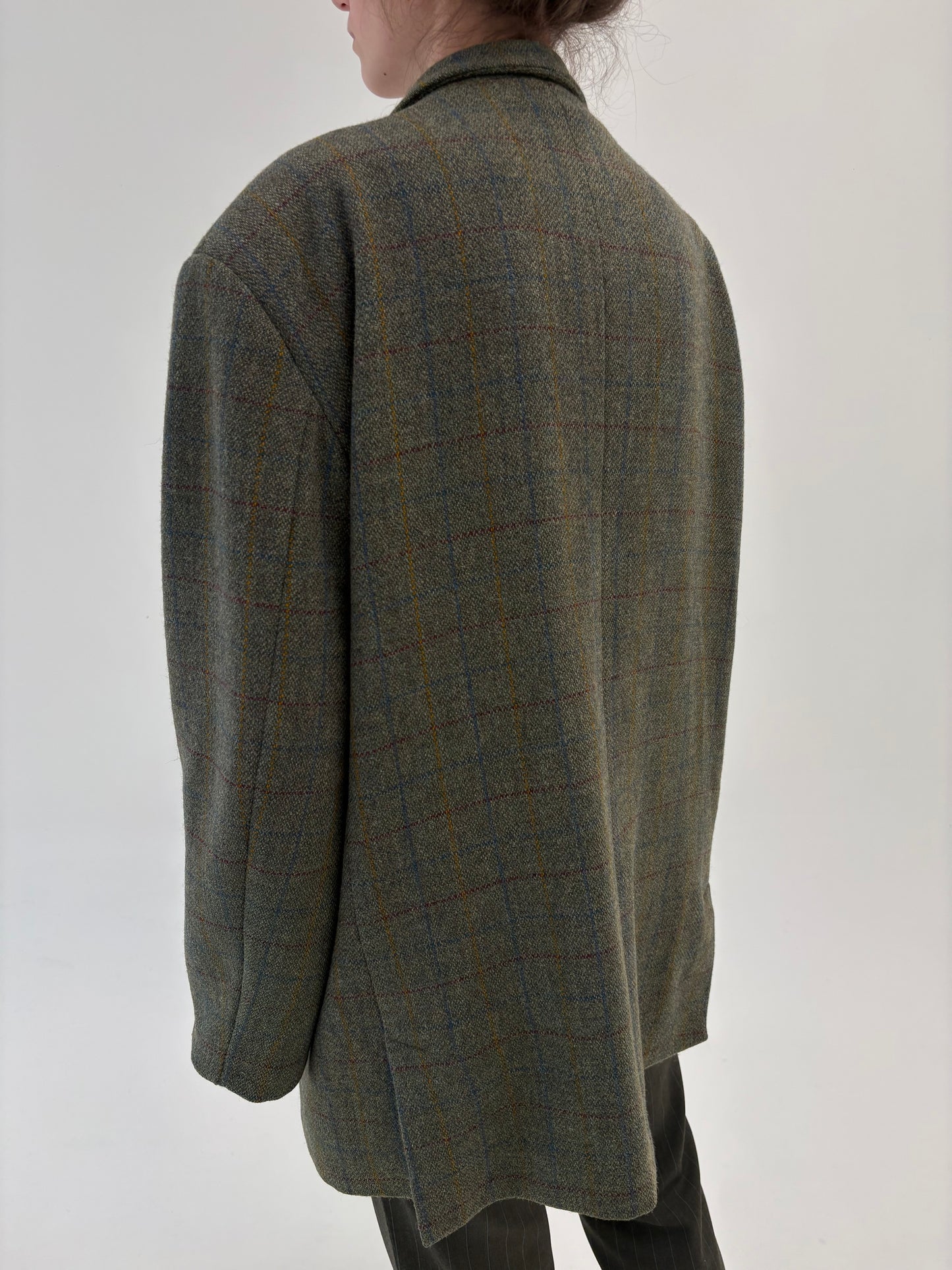 Sacou plus size din tweed forest green în carouri colorate