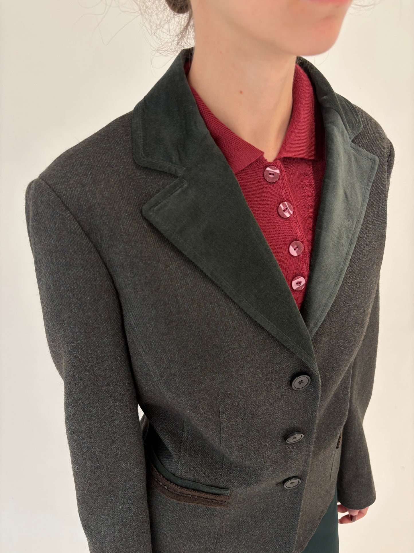 Sacou vintage dark green gray din lana extrafina în croi ușor cambrat