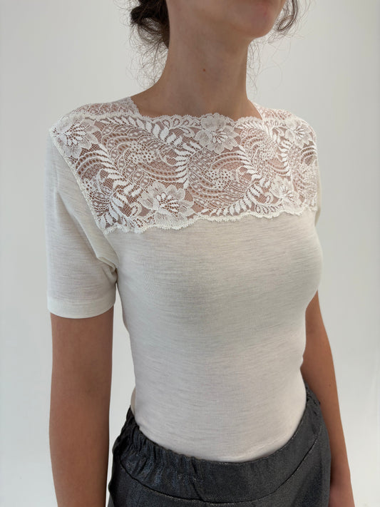 Top italian nou cu etichetă din lana pura extrafina certificată și dantelă