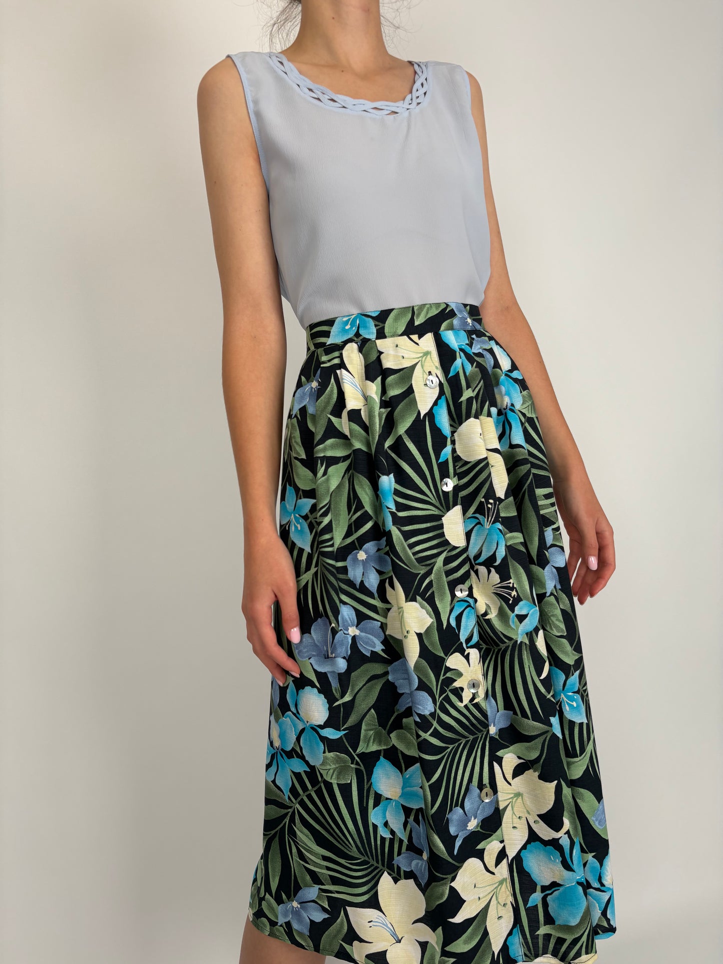 Fustă vintage vaporoasă plus size cu talie elastică și print organic