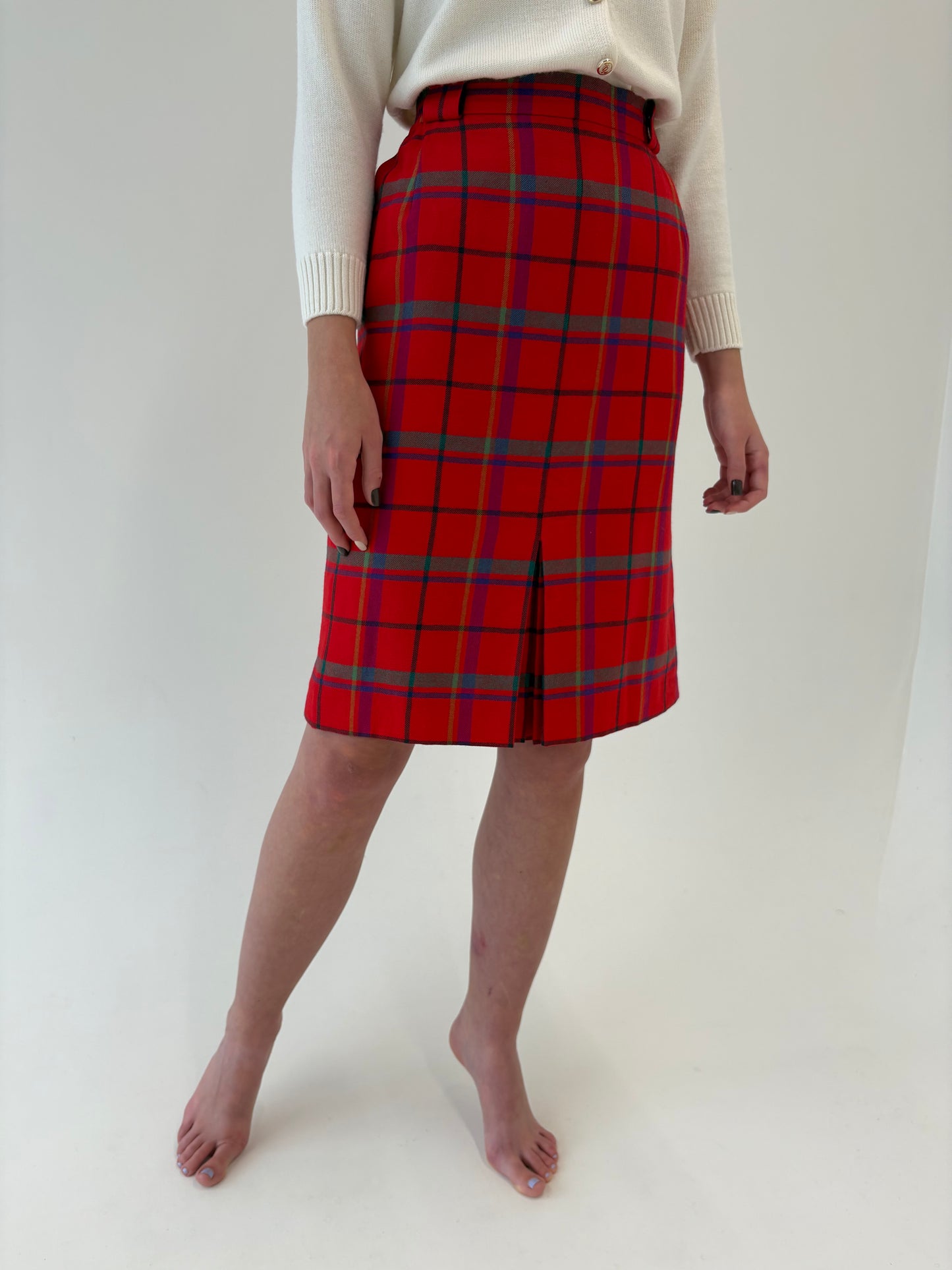Fustă vintage din Tartan de lana în culori tari cu talie ultra înaltă marcată