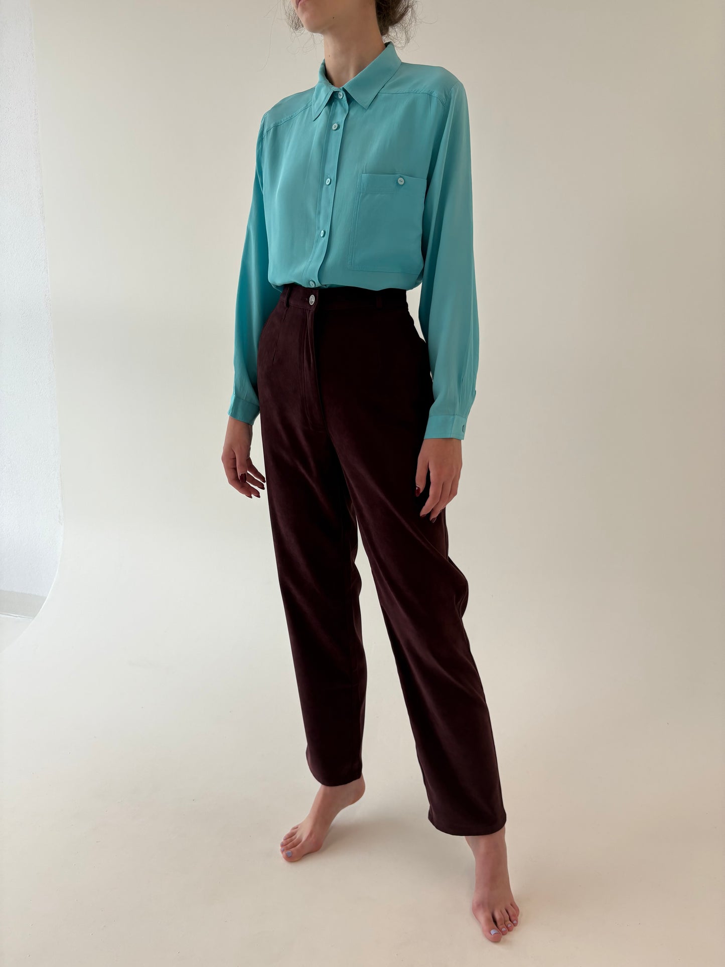 Pantaloni țigaretă deep burgundy cu talie ultra înaltă mom fit tall