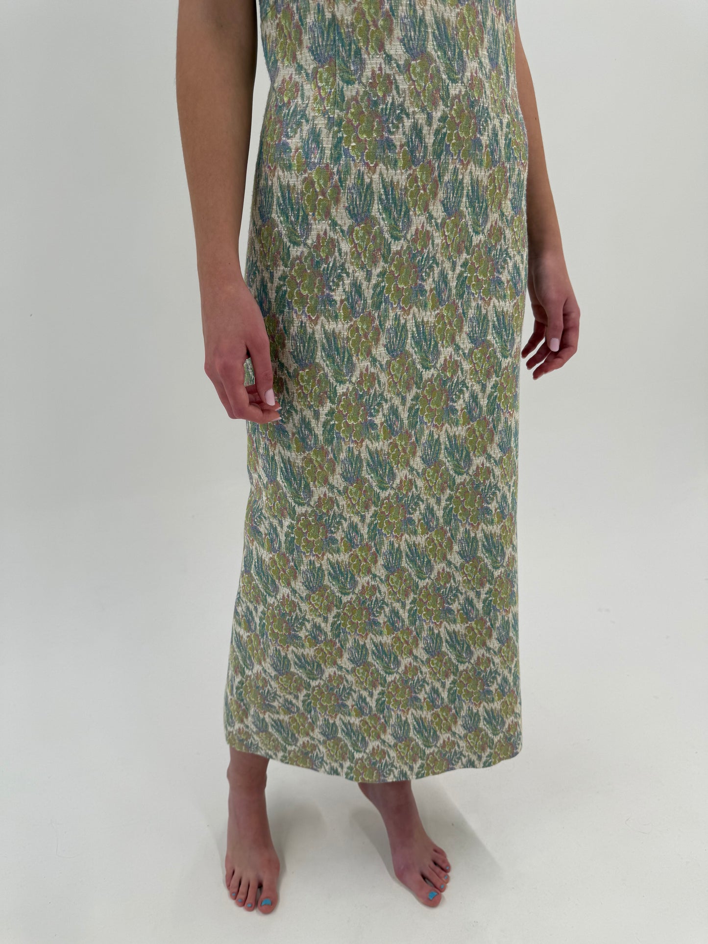 Rochie maxi old vintage anii 60 de colecție din jacquard excepțional în culori pudrate