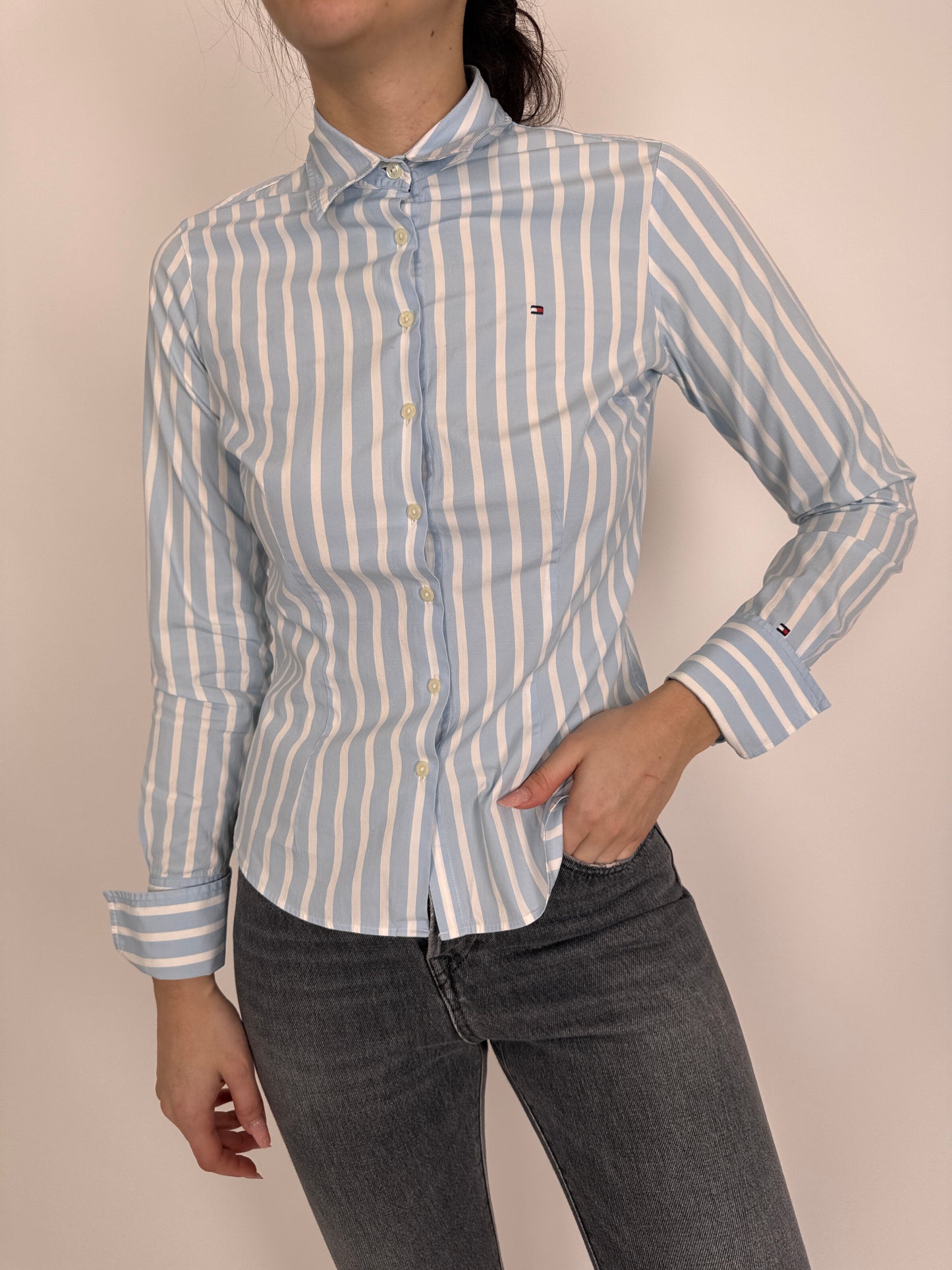 Cămașa cambrata Tommy Hilfiger usor strech cu dungi baby blue