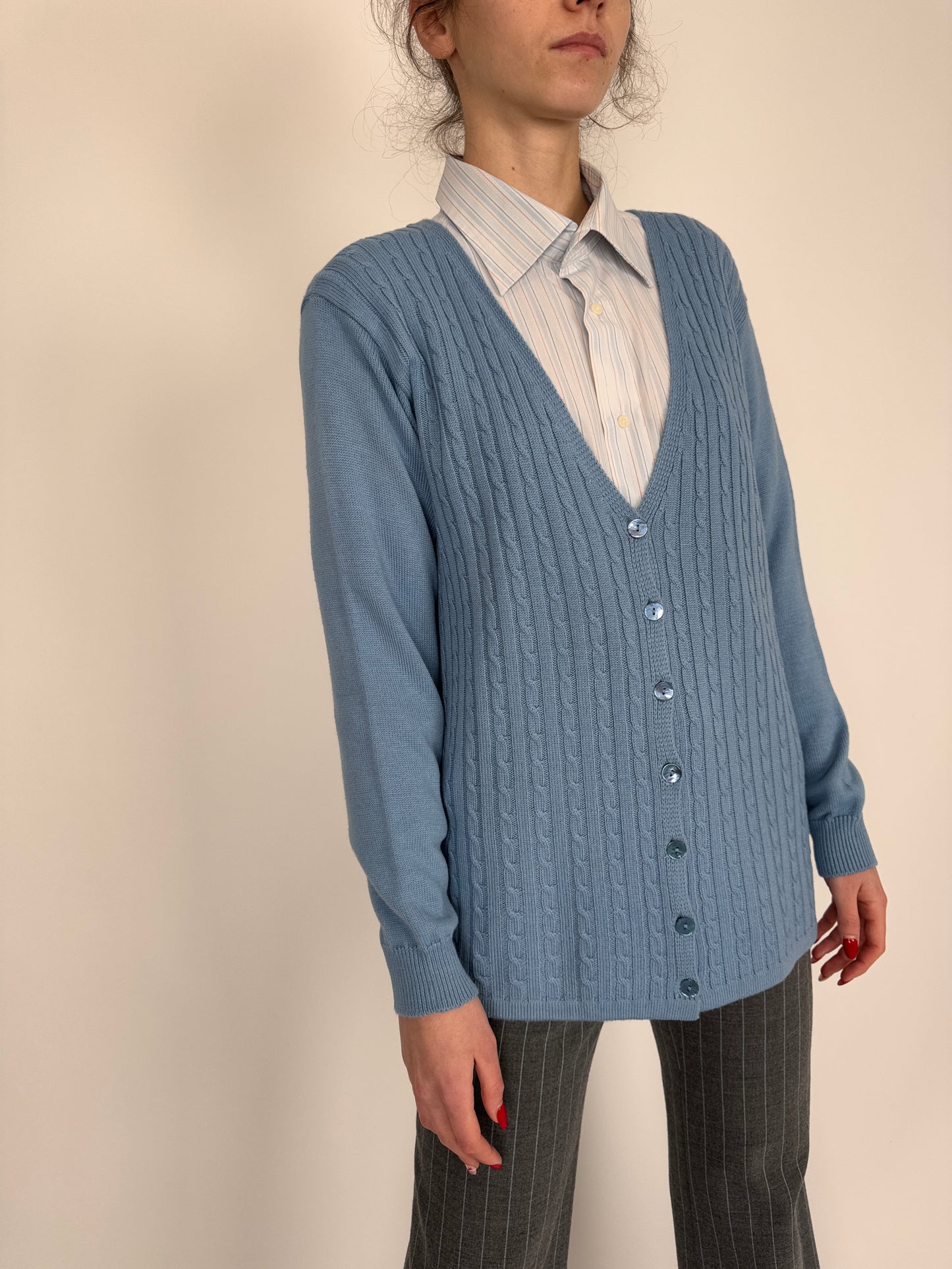 Cardigan baby blue cu torsade din lana merino extrafina