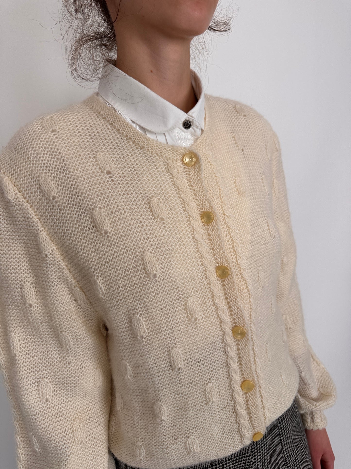 Cardigan vintage ivoire gros din baby mohair lucrat texturat