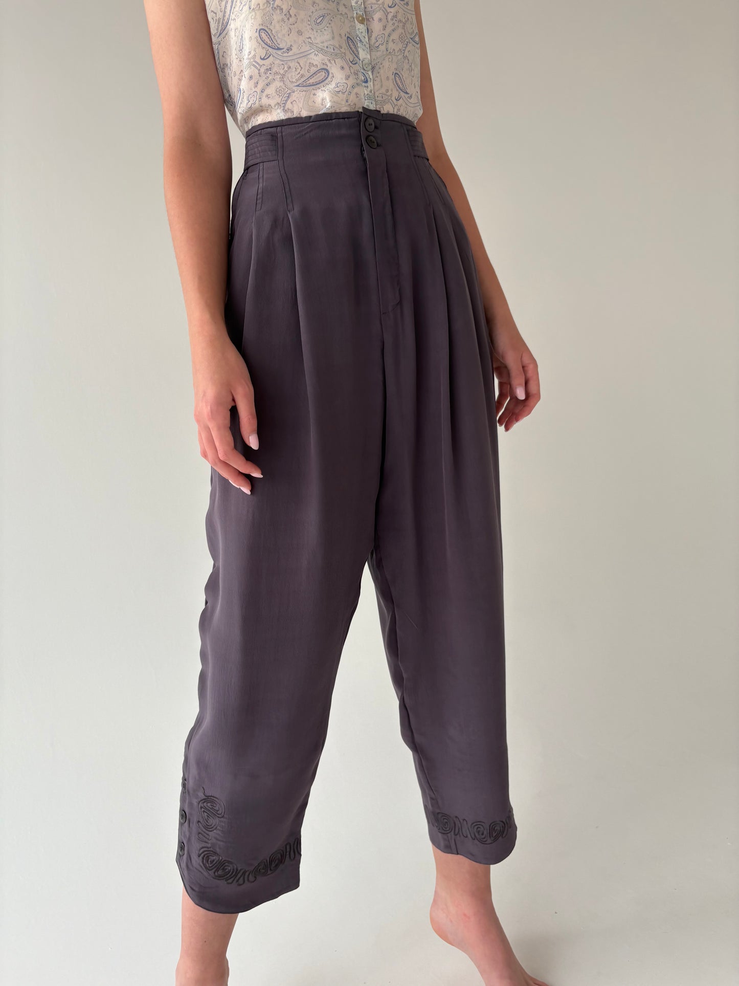 Pantaloni din mătase naturală cu talie ultra înaltă ușor reglabilă