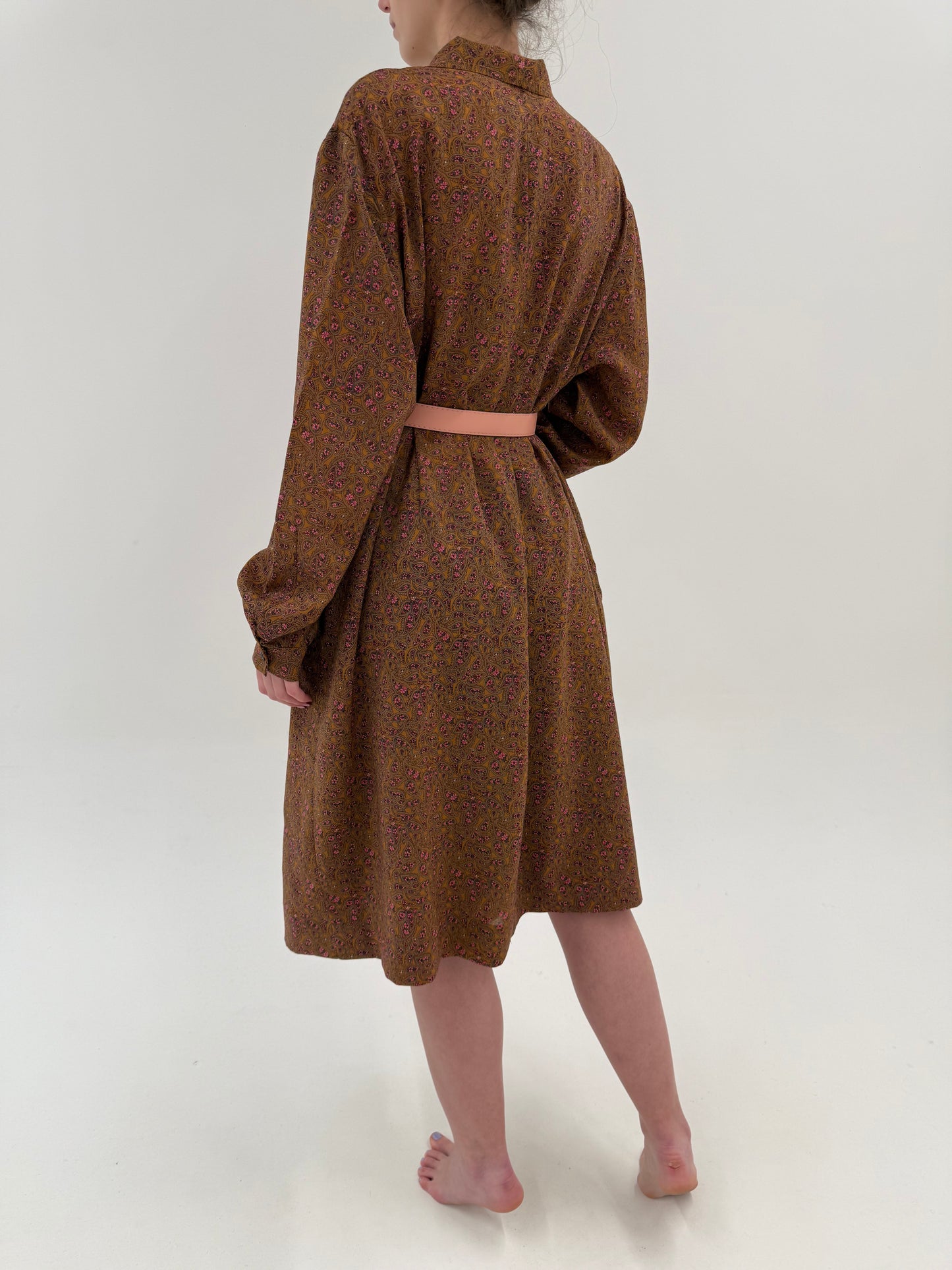 Robe chemise vintage din lana extrafina caramel brown cu print roz delicat