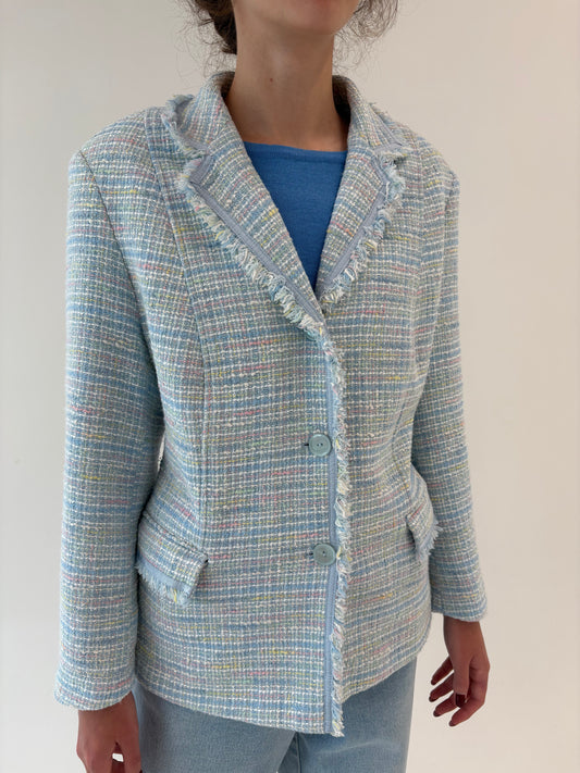 Sacou baby blue in stil Chanel din tweed în culori pudrate