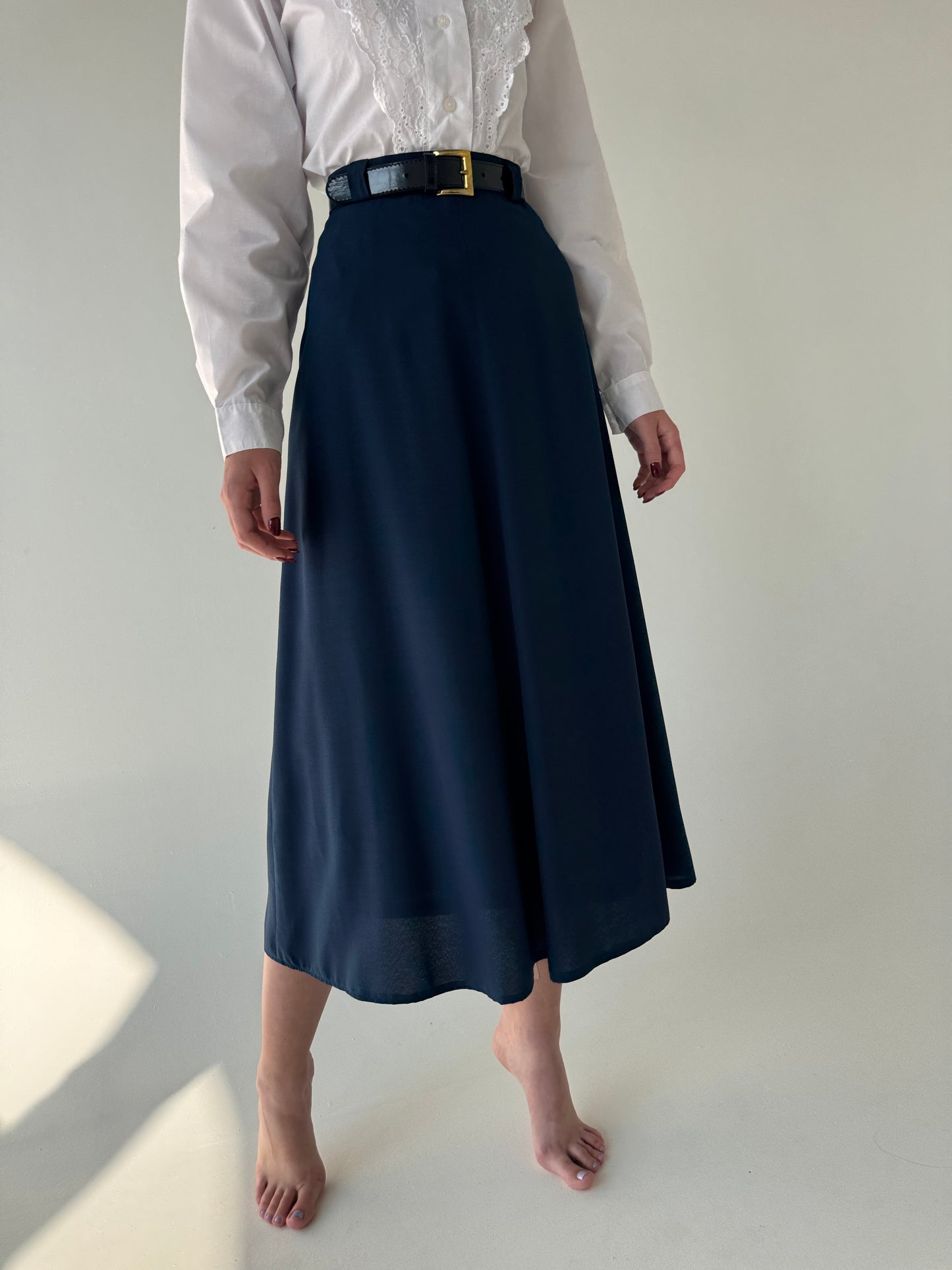 Fustă vintage midi spre maxi Navy cu centura inclusă în croi amplu