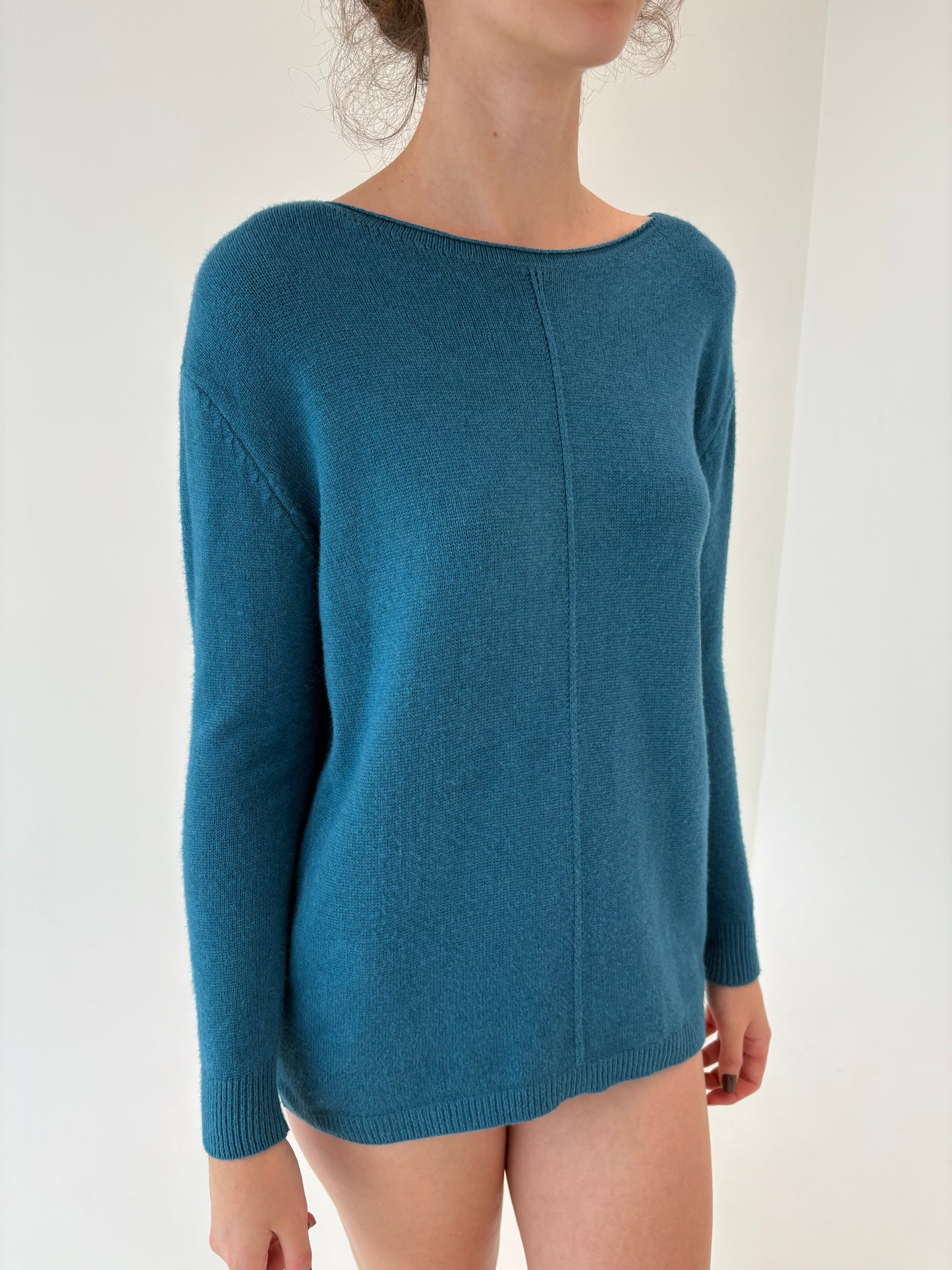 Pulover în croi lejer dark turquoise din mix de lana extrafina