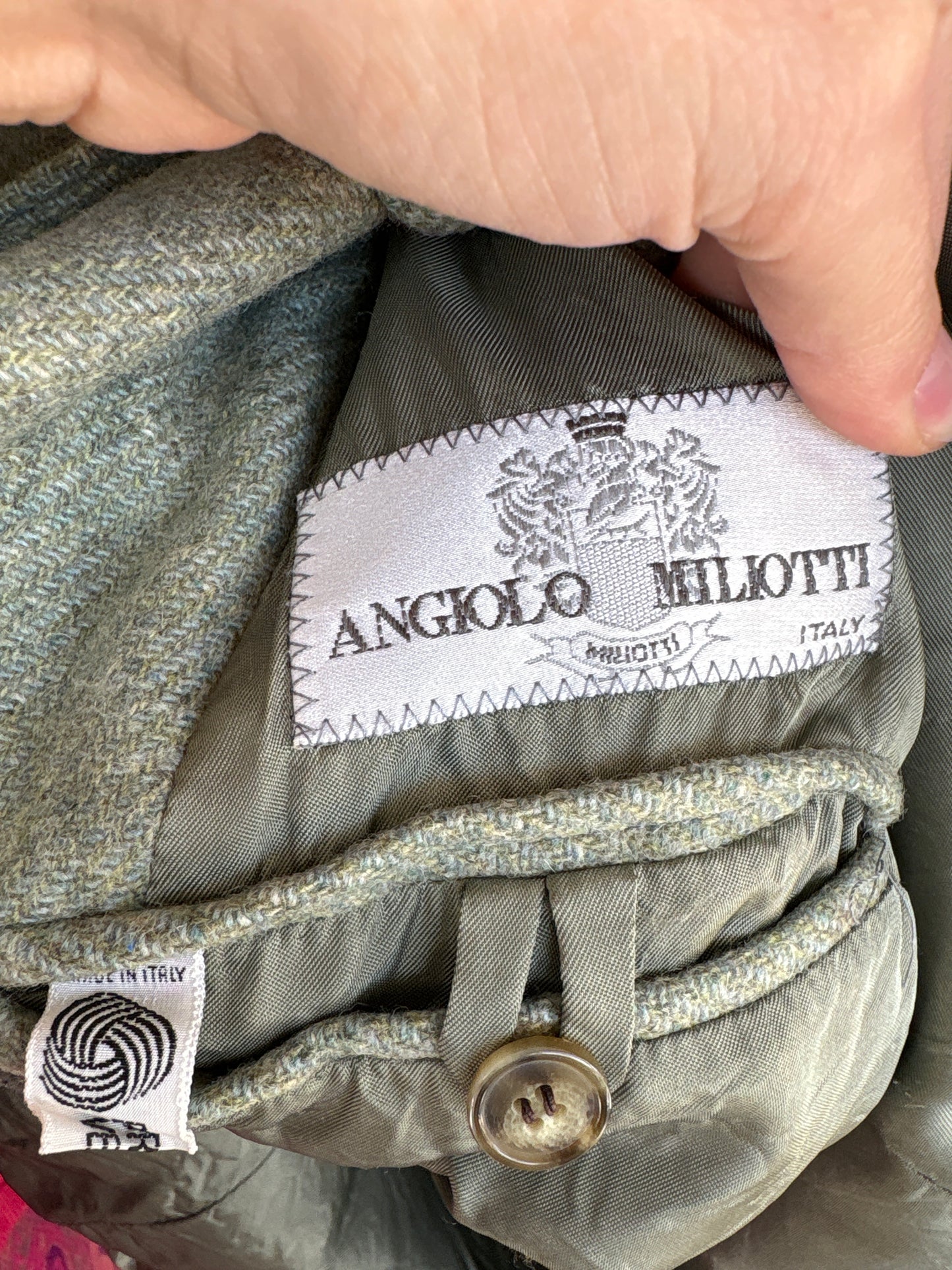 Sacou Sage green din tweed plin de lana excepțională cu inserții pudrate