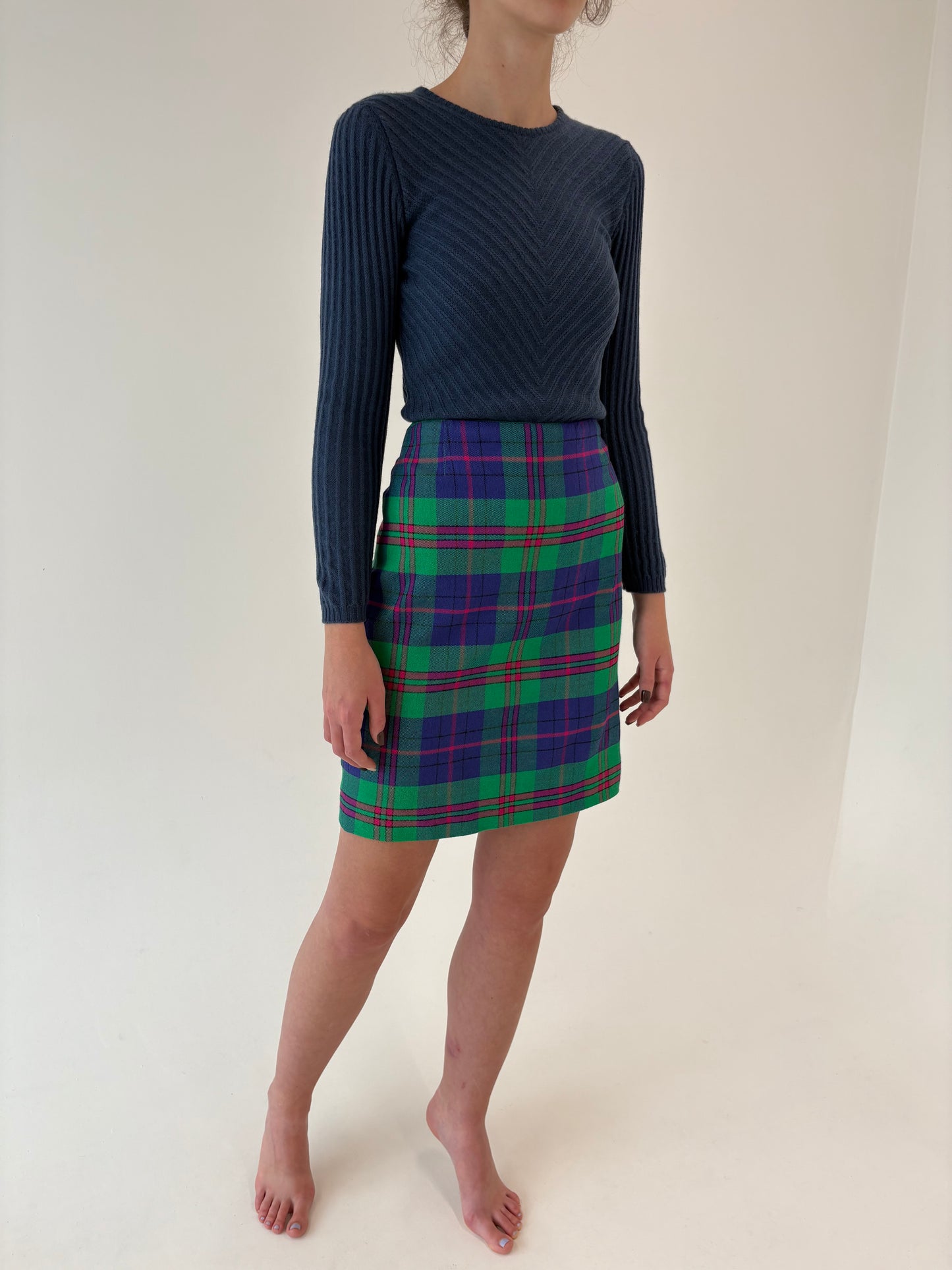 Fustă italiană din lana din Tartan în culori tari cu talie ultra înaltă