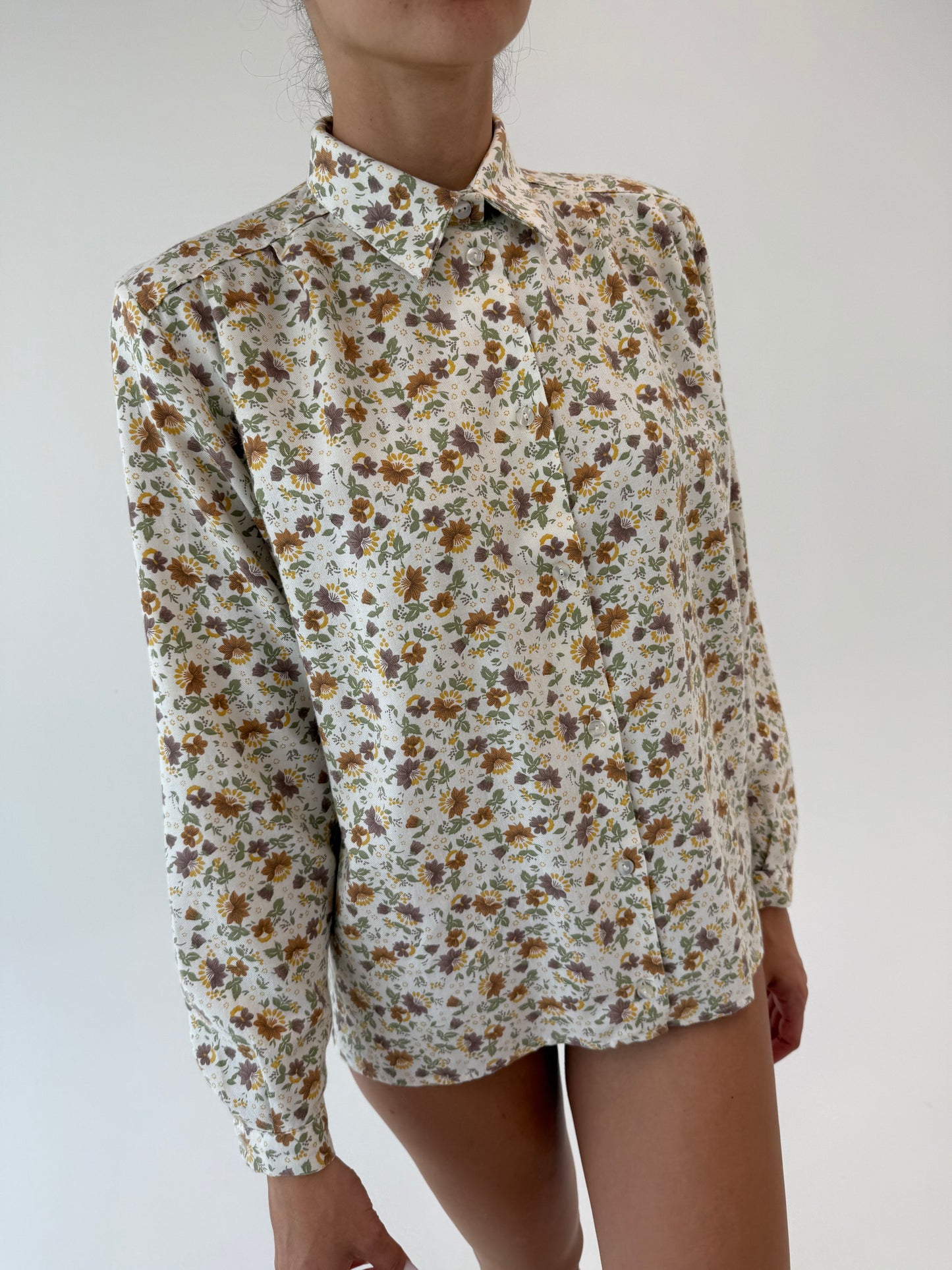 Cămașa vintage petite din poplin gros și moale de bumbac cu print floral delicat