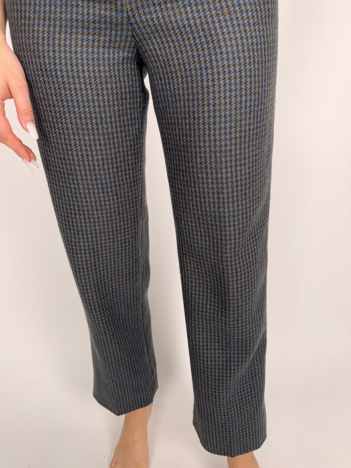 Pantaloni cu talie ultra înaltă din stofă plină de lana extrafina pied du coq