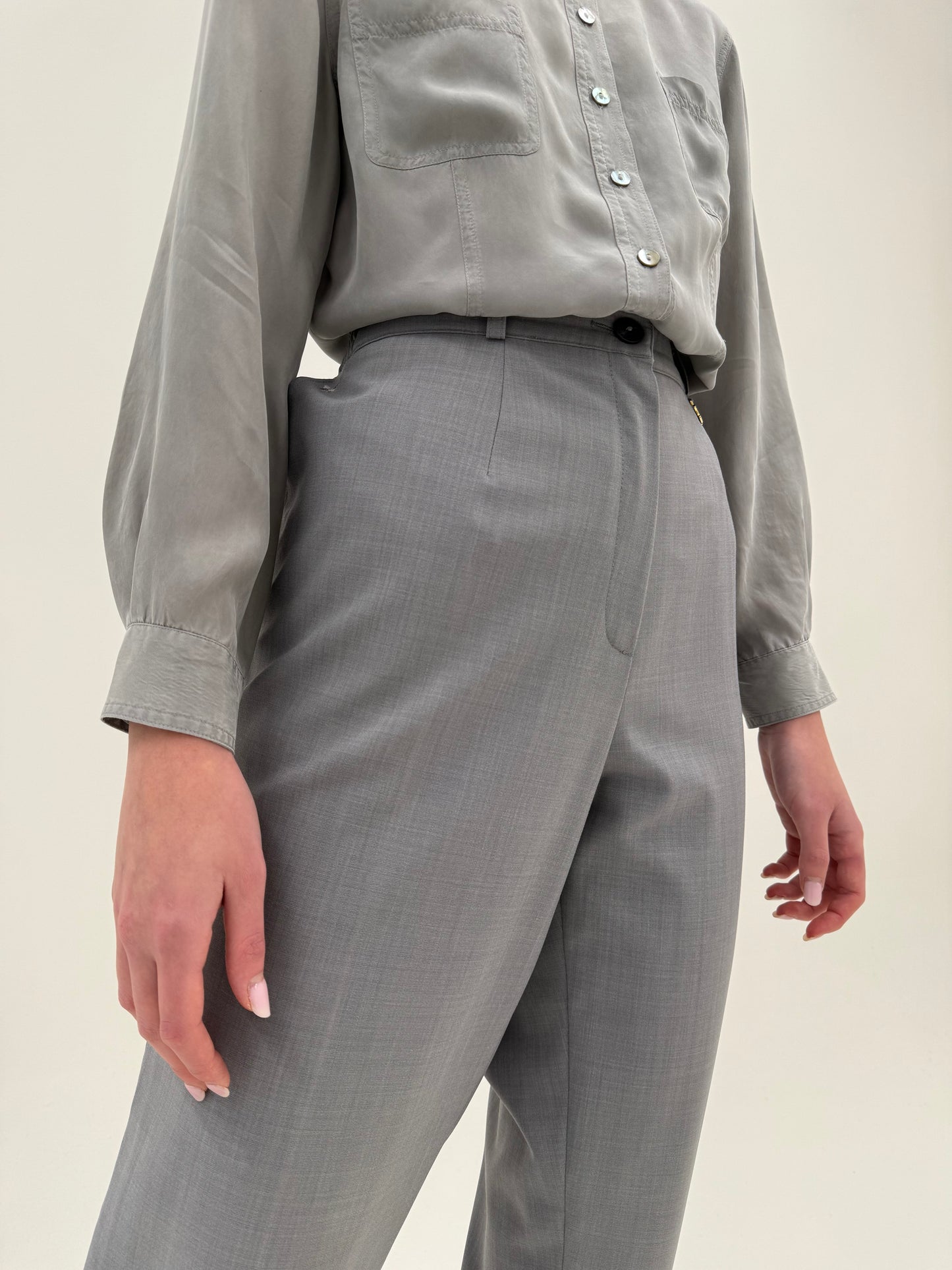 Pantaloni silver gray din lana extrafina confort cu talie ultra înaltă