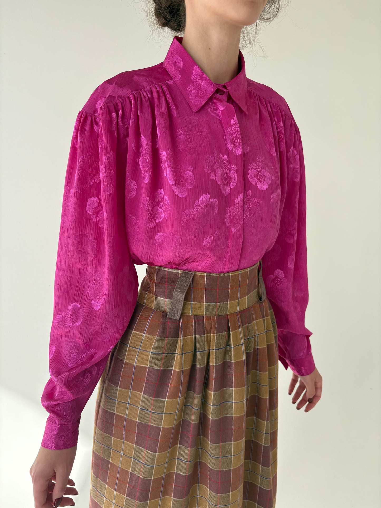 Cămașa vintage petite fucsia din jacquard