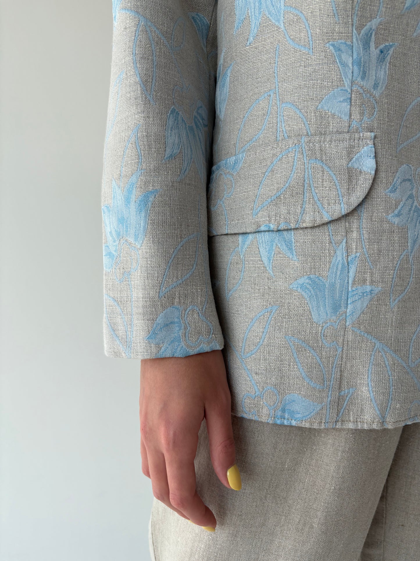 Sacou vintage din pânză excepțională de in cu print baby blue