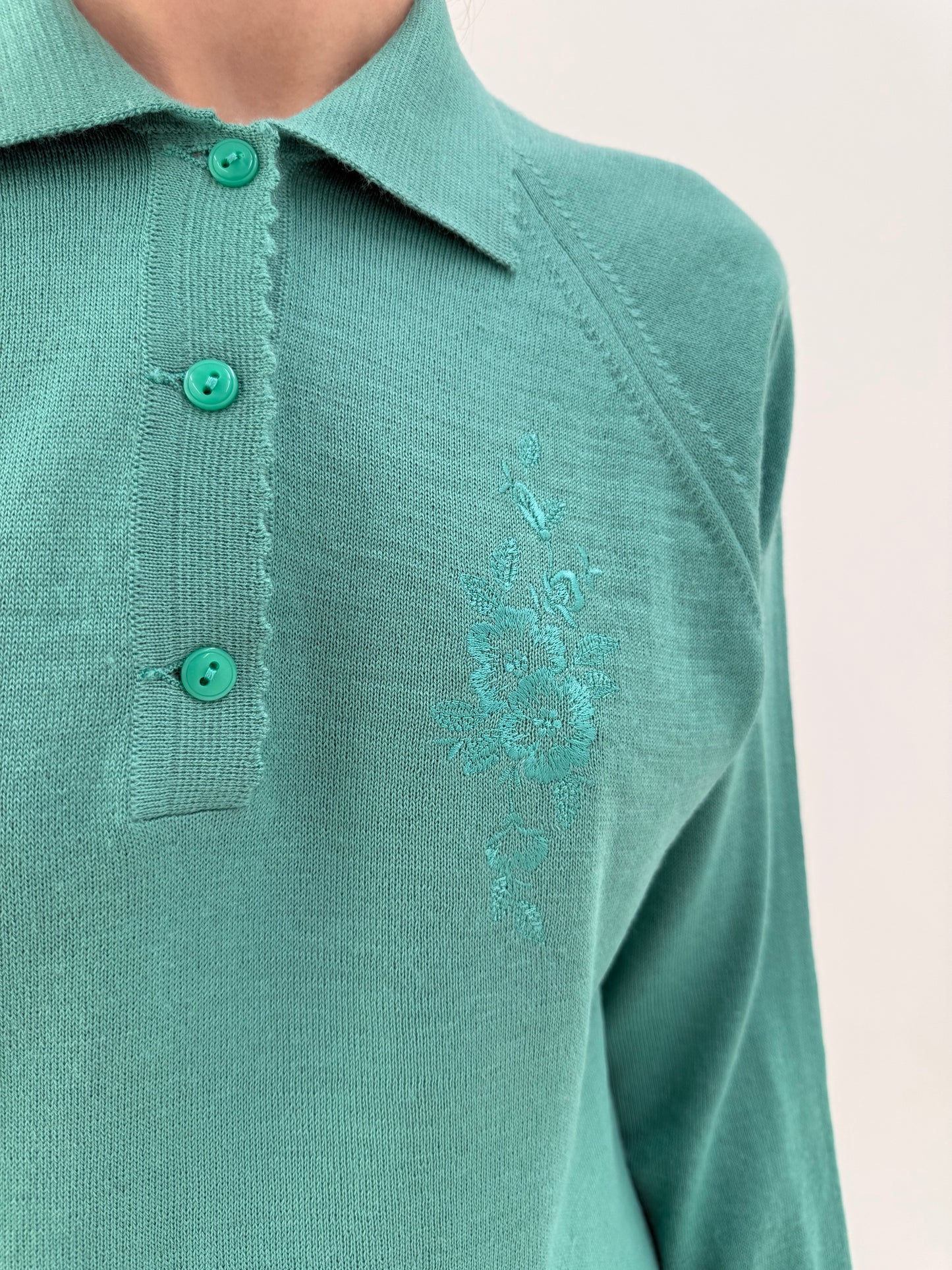 Pulover vintage polo mint green cu broderie din lana extrafina