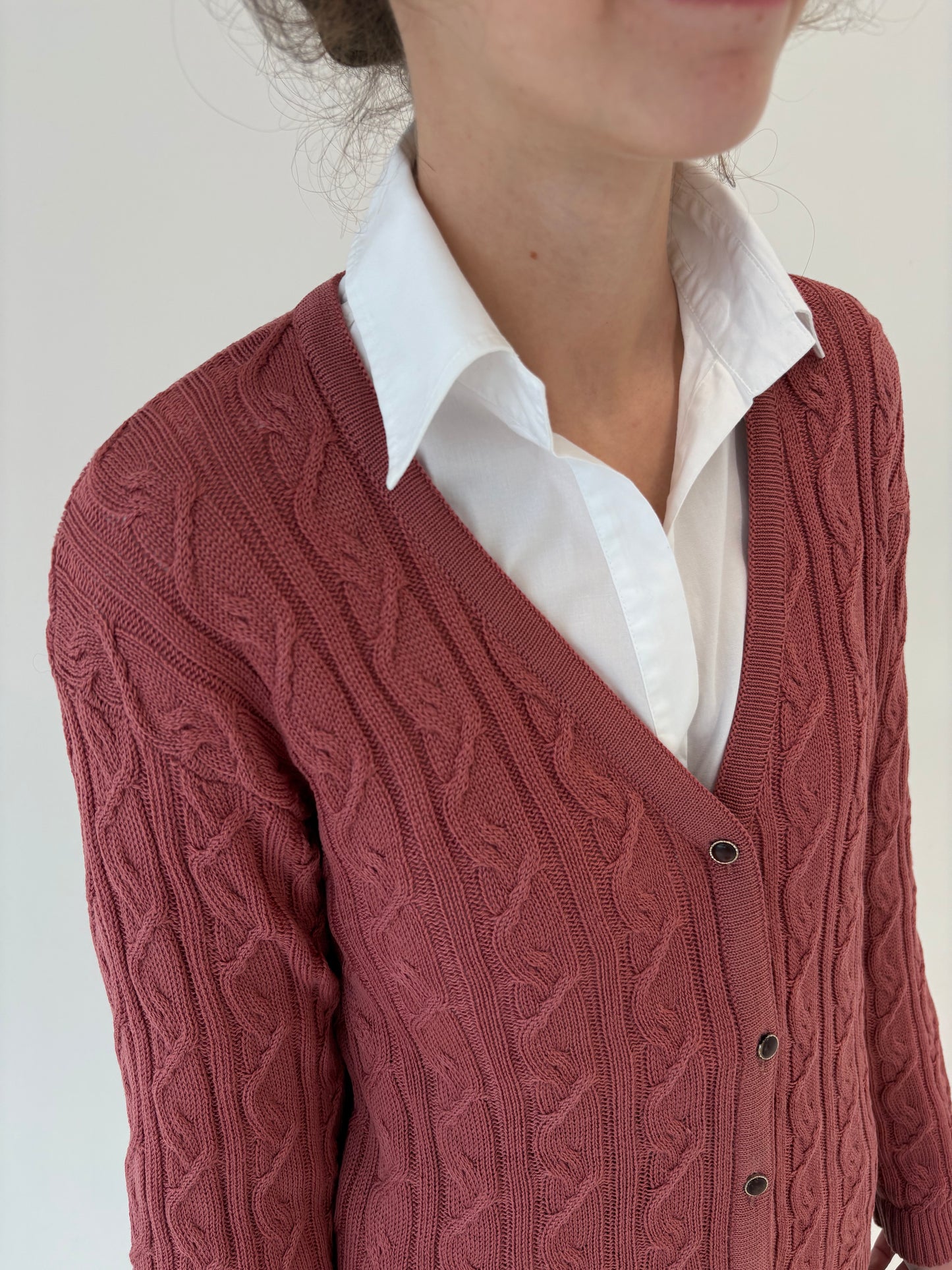 Cardigan vintage cu torsade dusty pink din lana plină extrafina