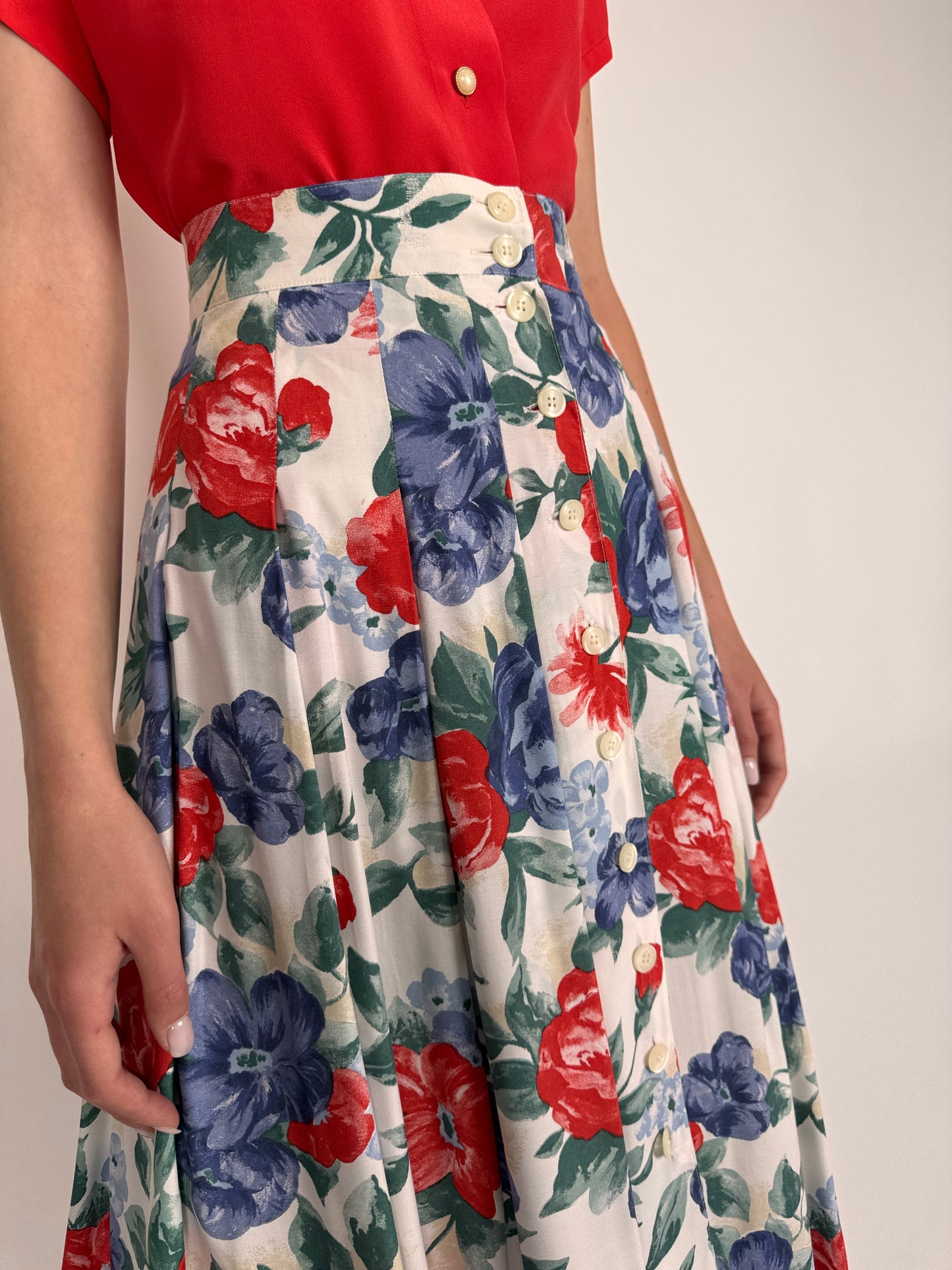 Fustă vintage cu talie ultra înaltă marcată și print floral superb
